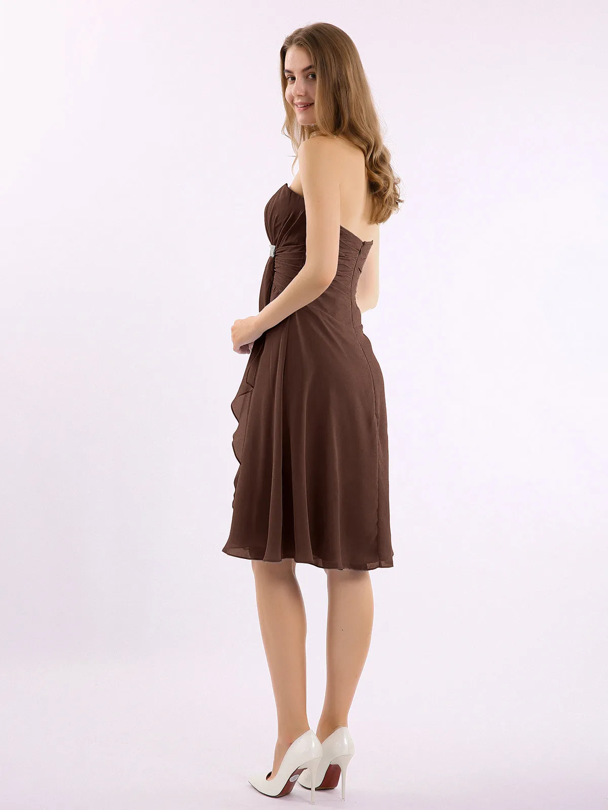 Knee Length Chiffon Dress with Sweetheart Neck-Chocolate Plus Size