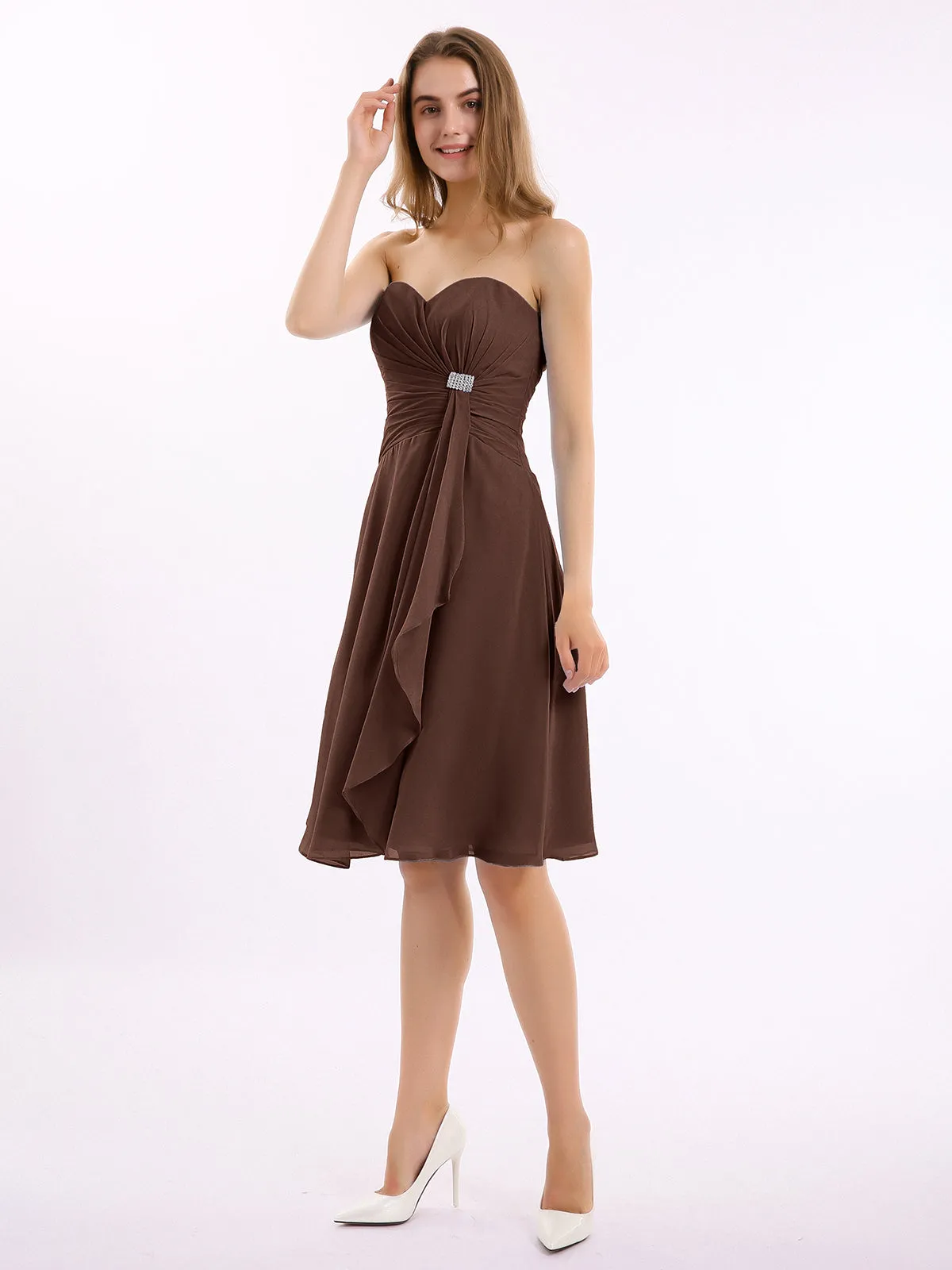 Knee Length Chiffon Dress with Sweetheart Neck-Chocolate Plus Size