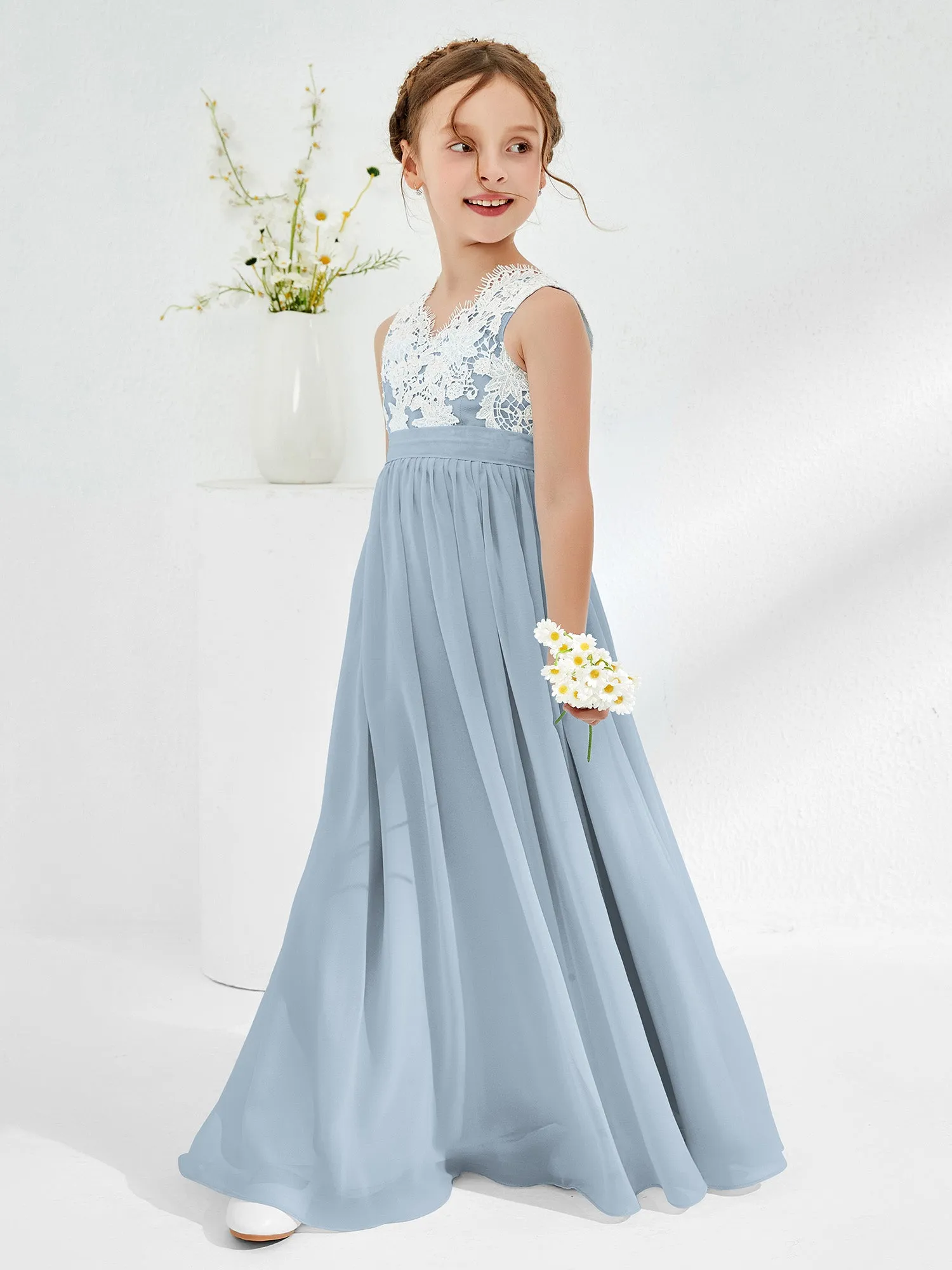 Lace Top Junior Bridesmaid Dresses Dusty Blue