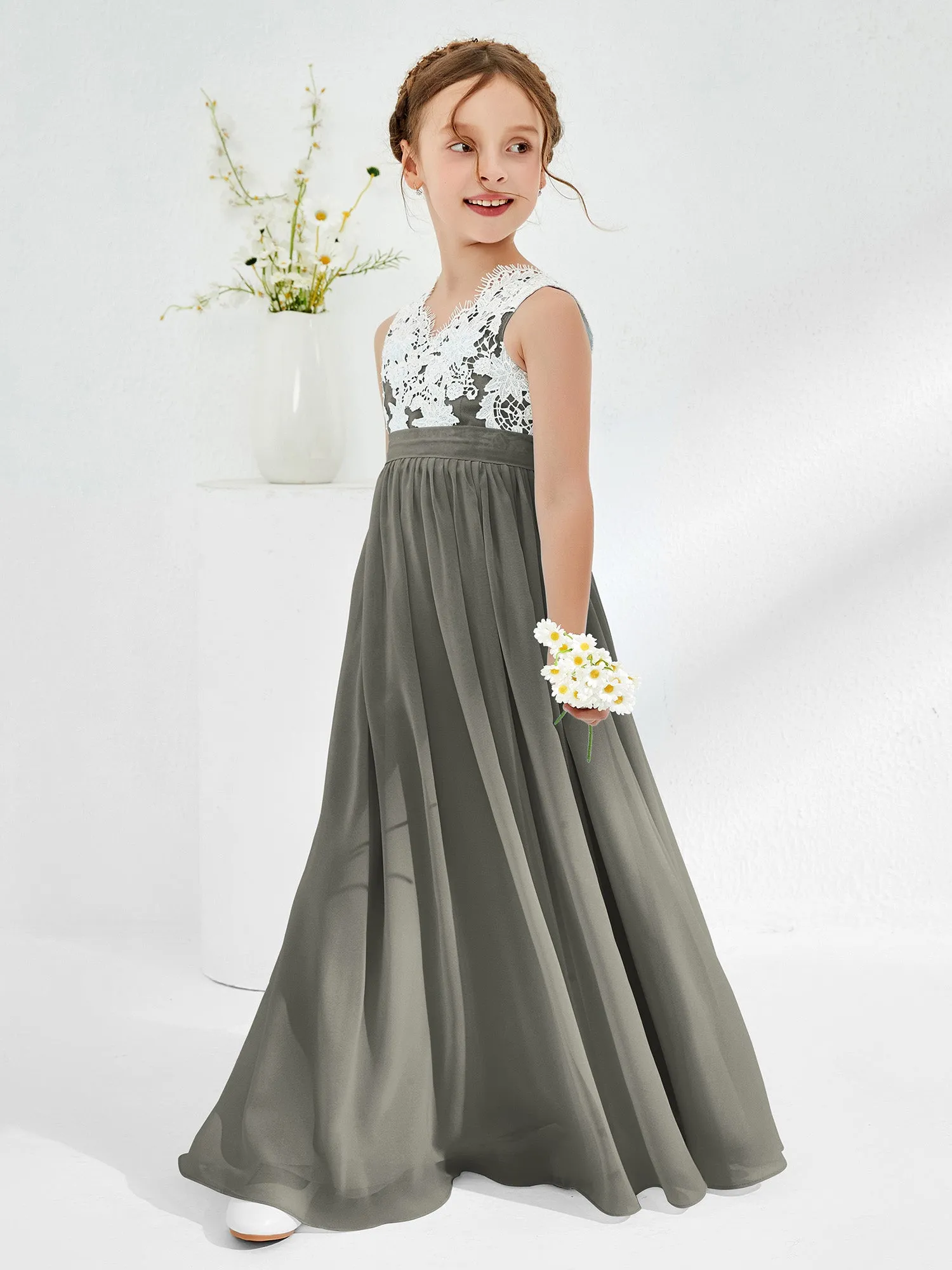 Lace Top Junior Bridesmaid Dresses Steel Grey