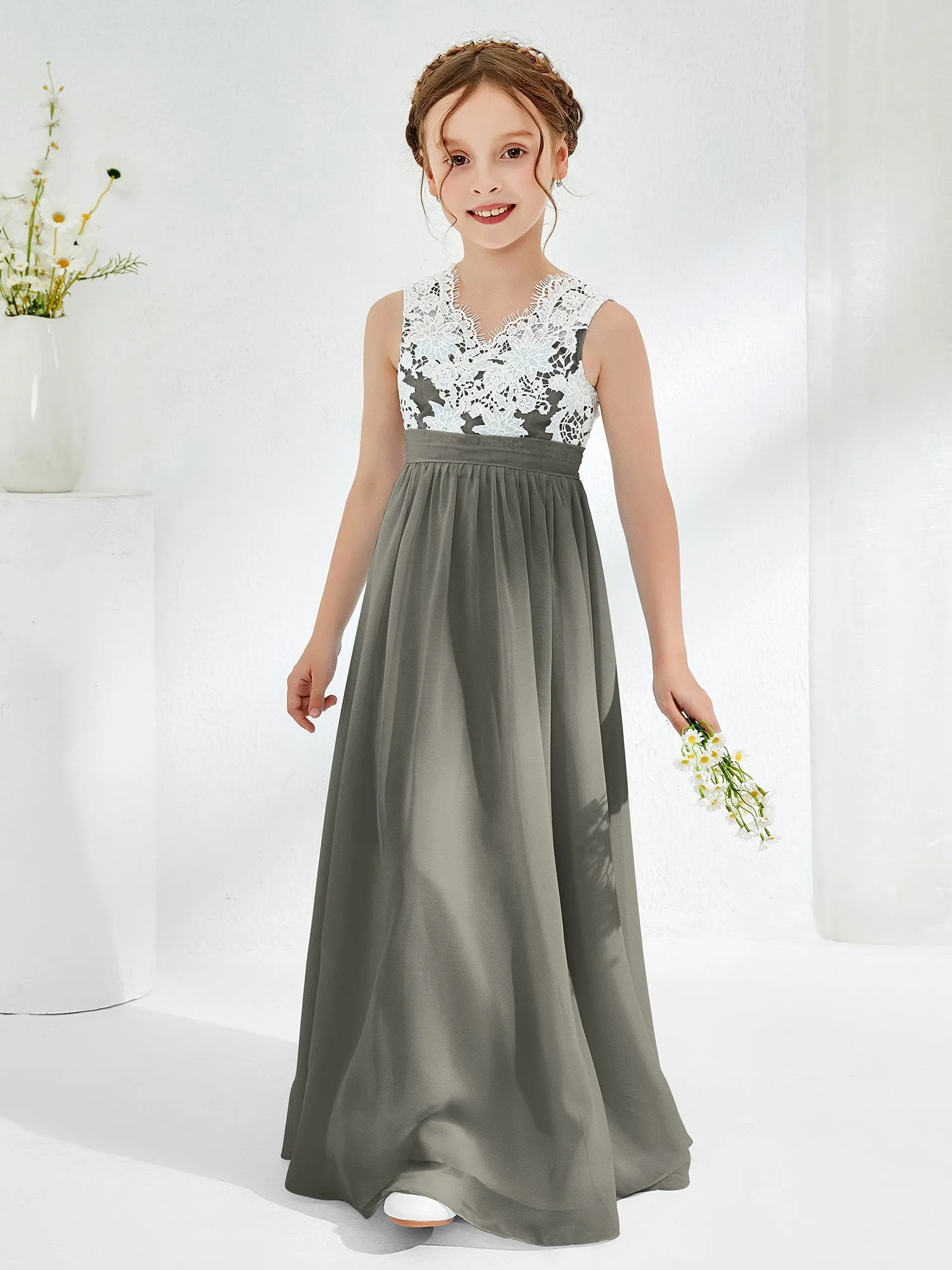 Lace Top Junior Bridesmaid Dresses Steel Grey