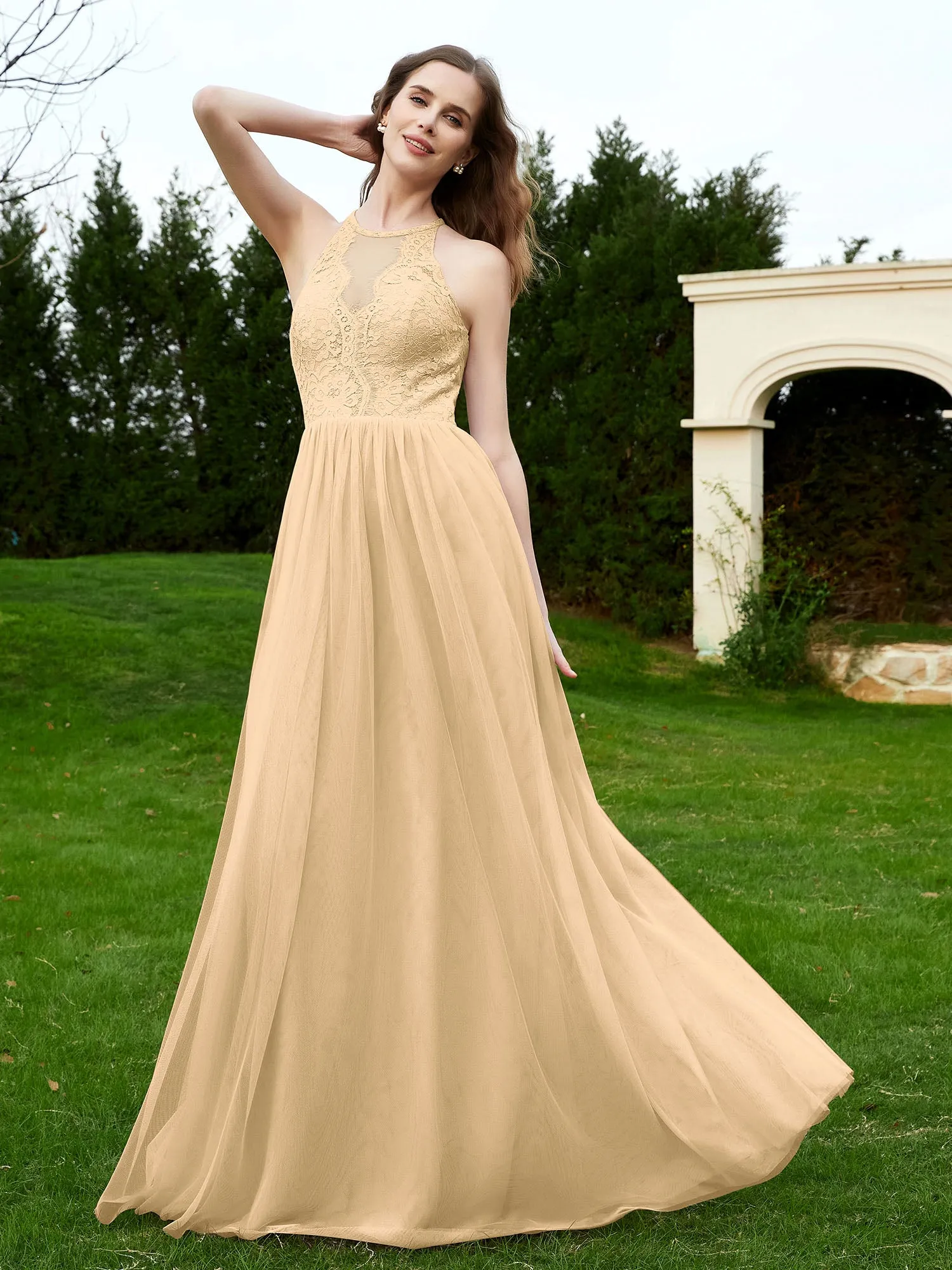 Lace Tulle Bridesmaid Gown Halter Neckline Champagne Plus Size