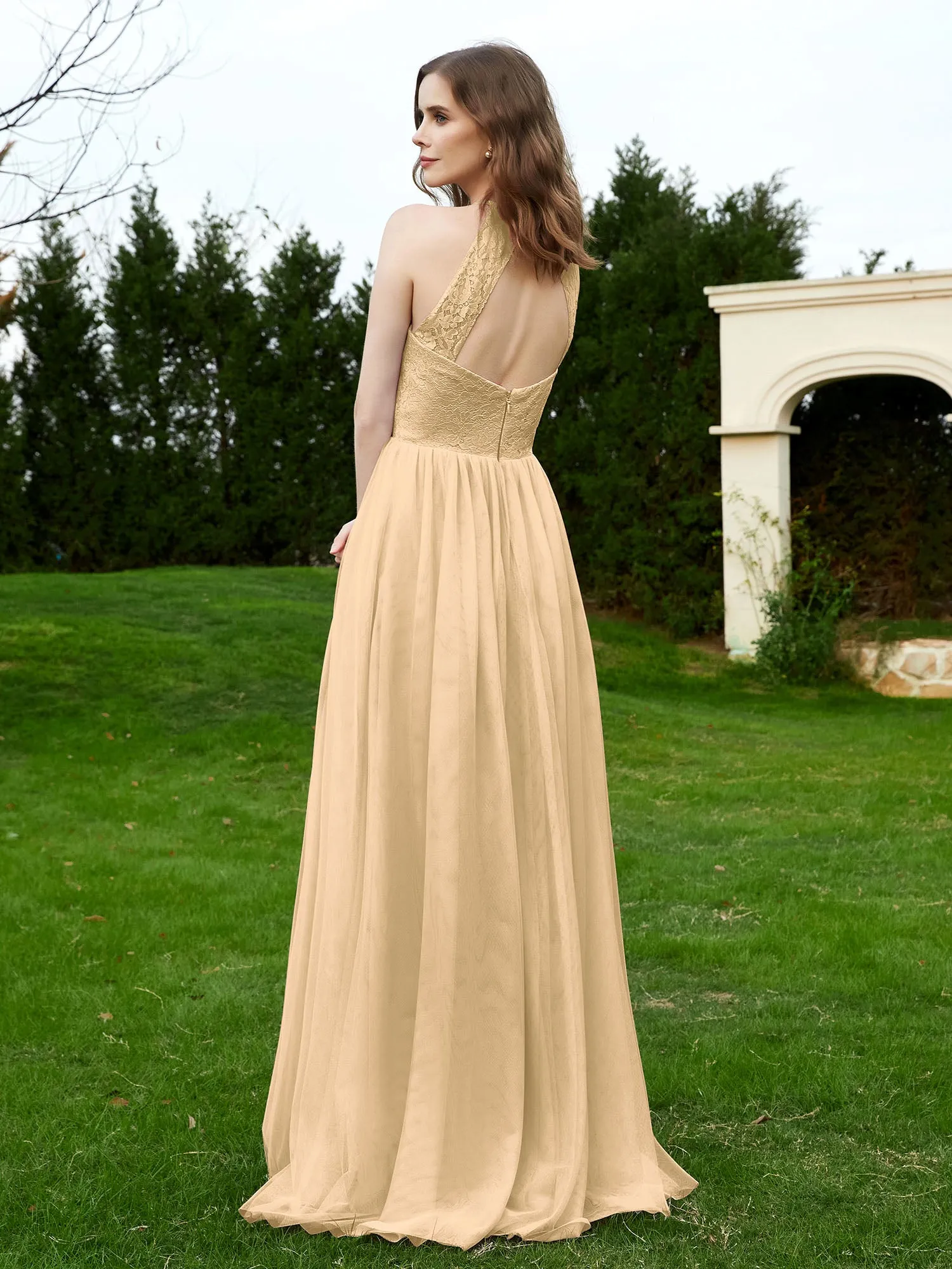 Lace Tulle Bridesmaid Gown Halter Neckline Champagne Plus Size