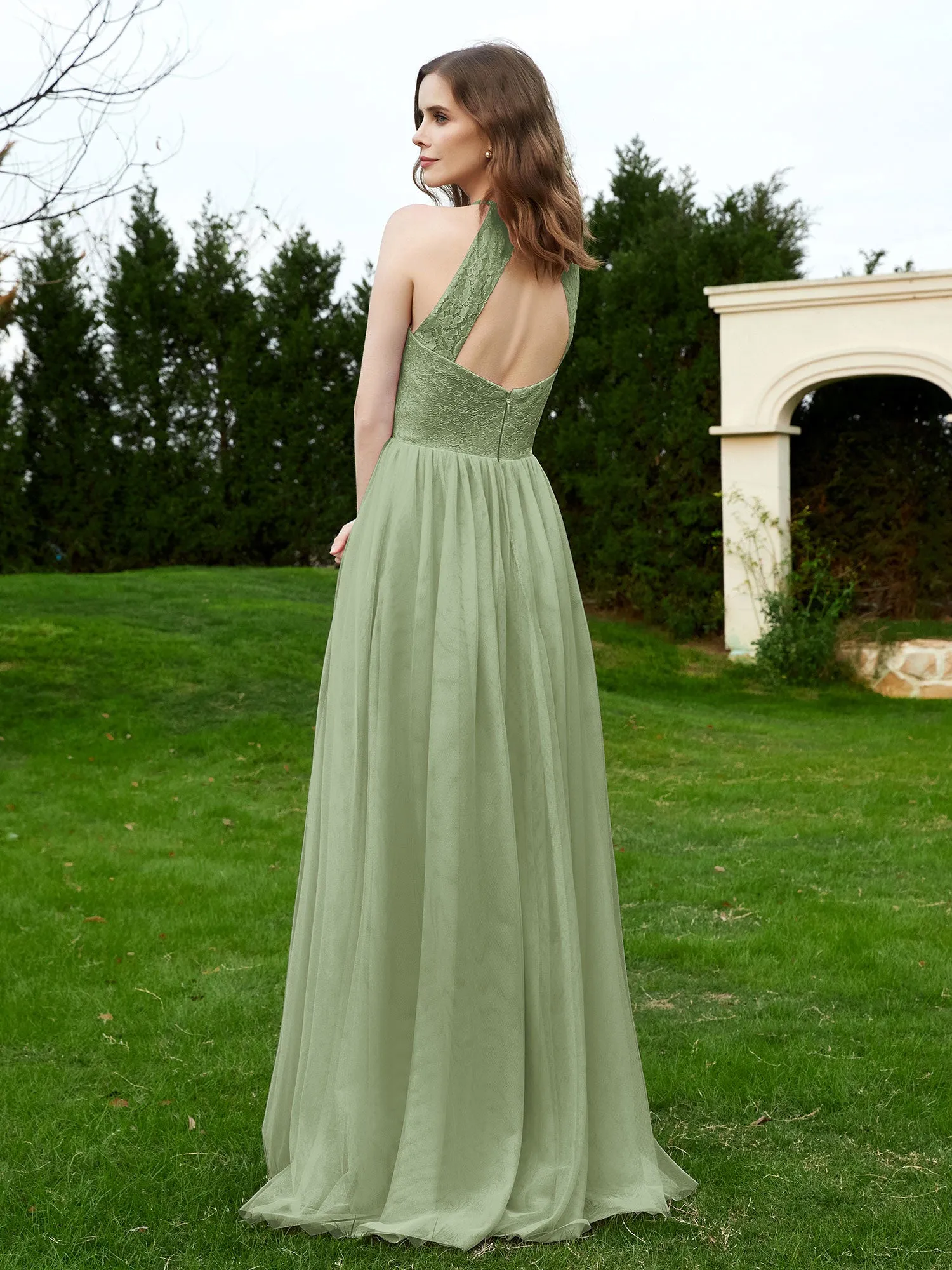 Lace Tulle Bridesmaid Gown Halter Neckline Dusty Sage