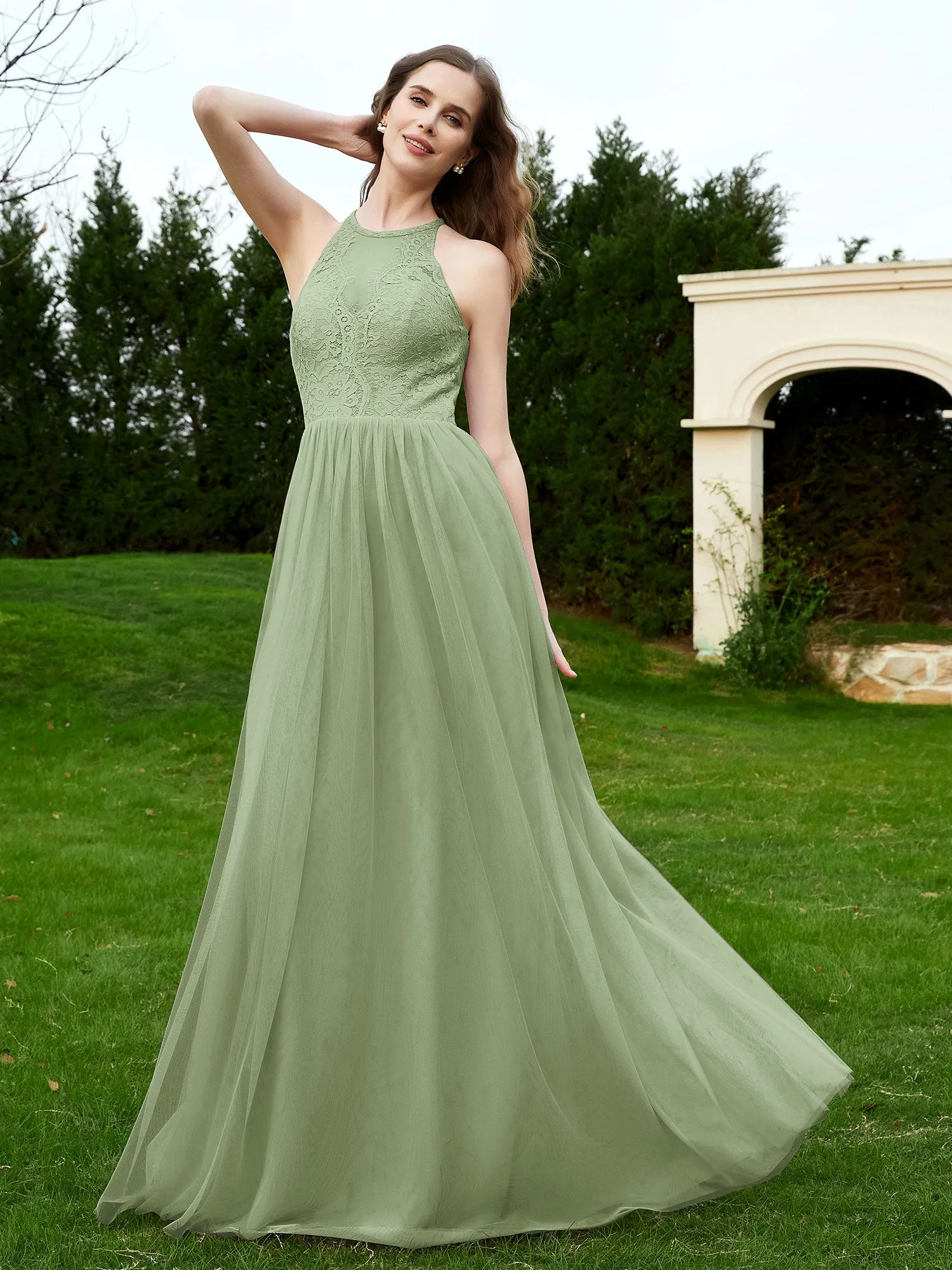 Lace Tulle Bridesmaid Gown Halter Neckline Dusty Sage