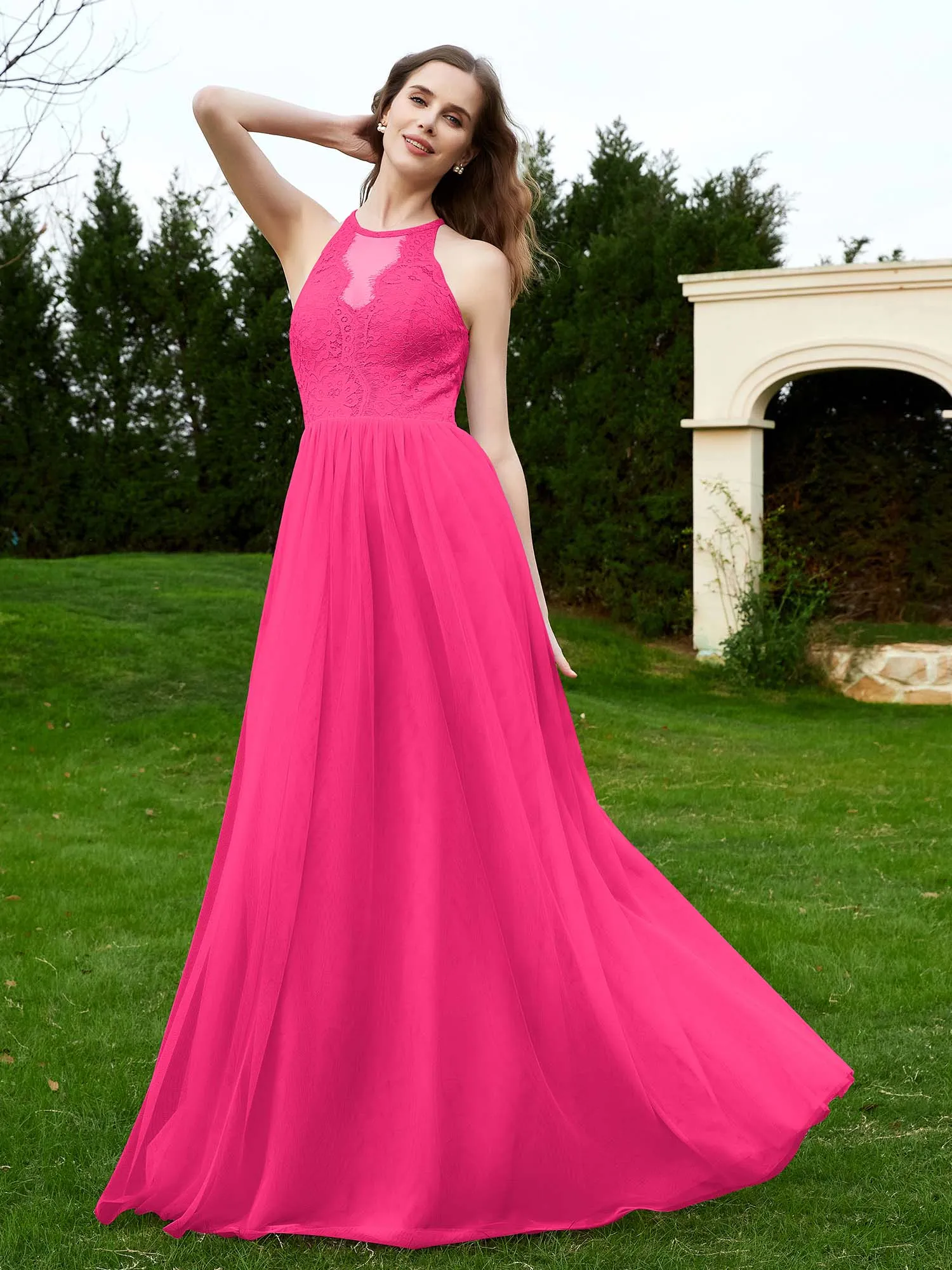 Lace Tulle Bridesmaid Gown Halter Neckline Fuchsia