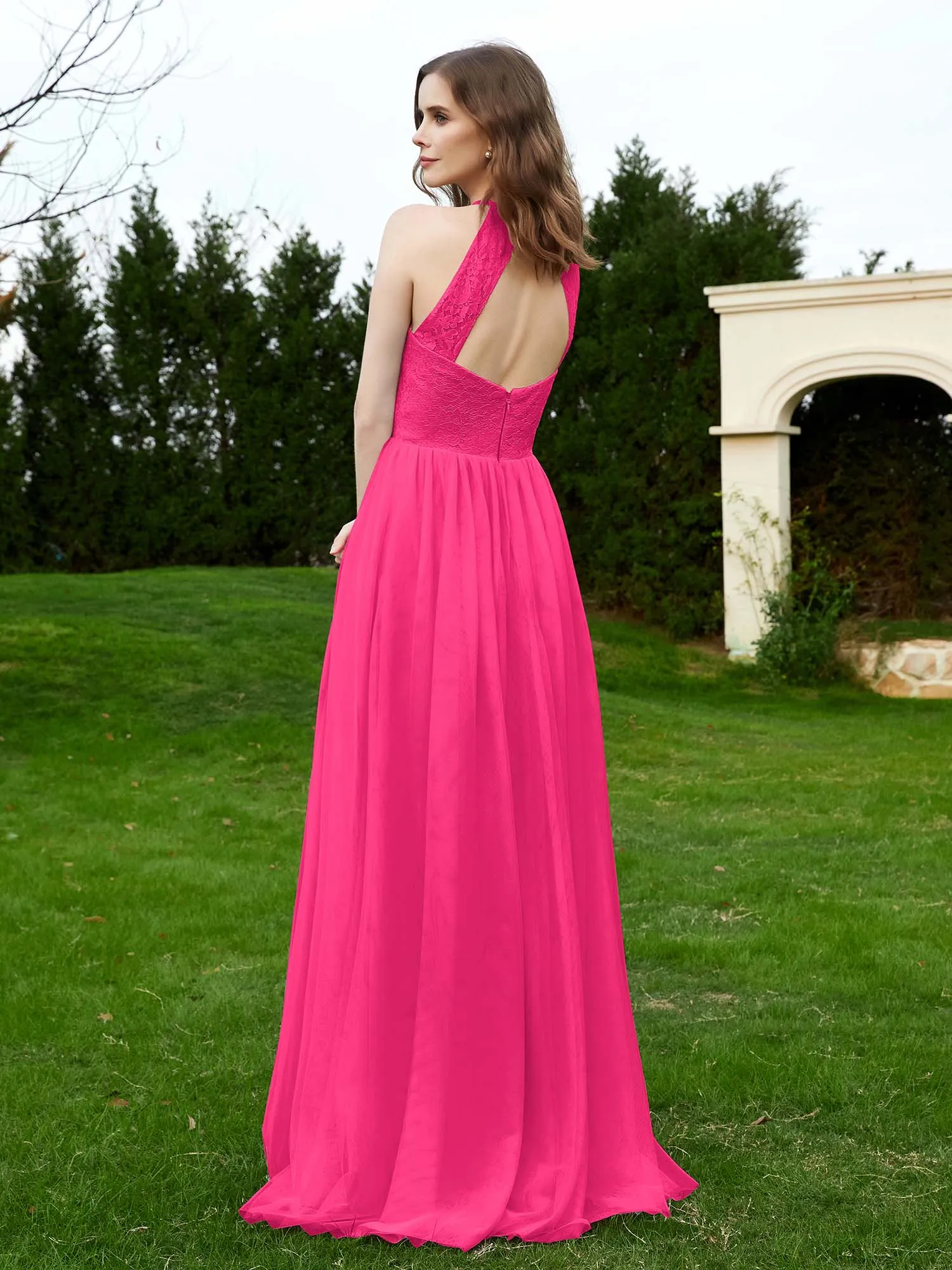 Lace Tulle Bridesmaid Gown Halter Neckline Fuchsia