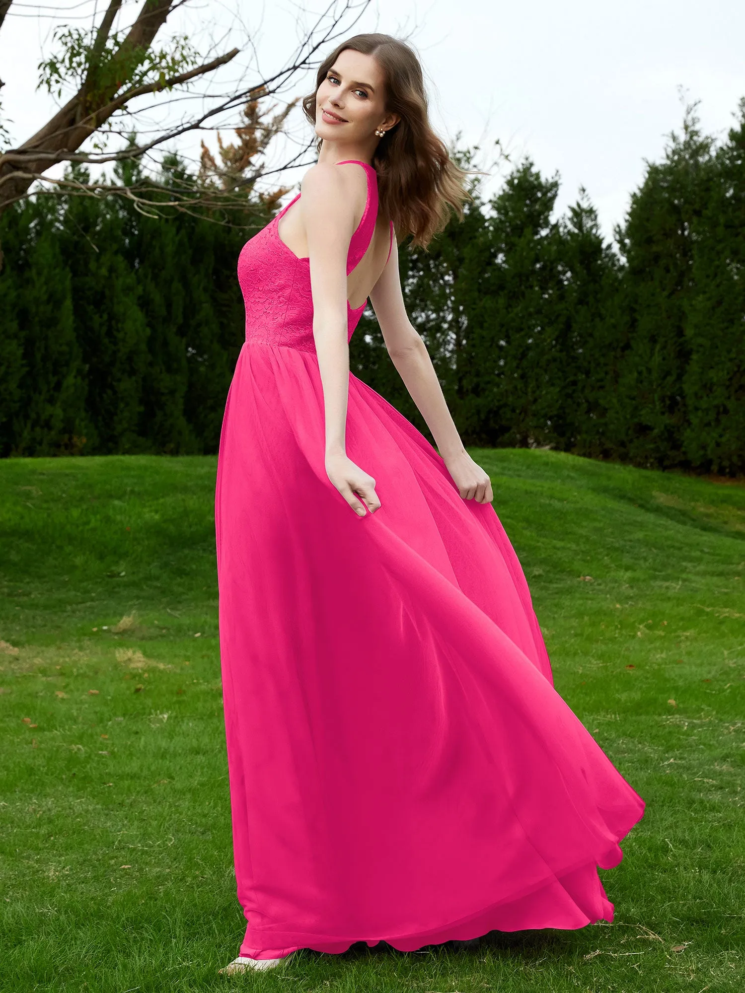 Lace Tulle Bridesmaid Gown Halter Neckline Fuchsia