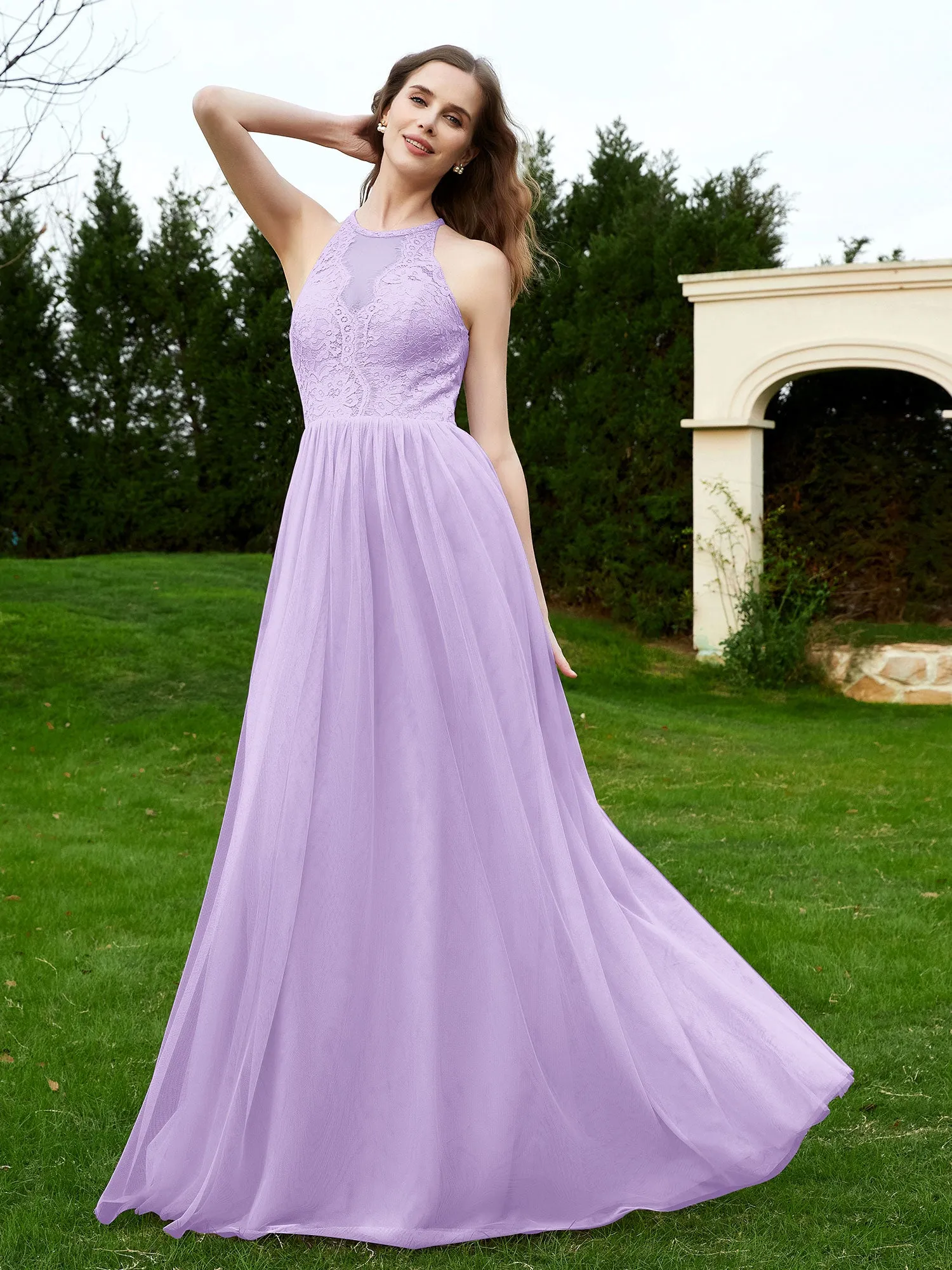 Lace Tulle Bridesmaid Gown Halter Neckline Lilac Plus Size