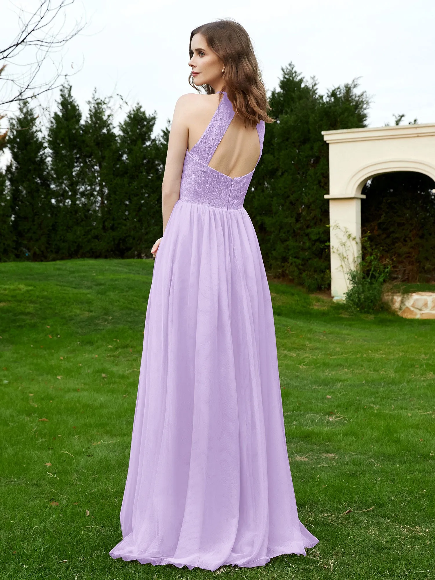 Lace Tulle Bridesmaid Gown Halter Neckline Lilac Plus Size