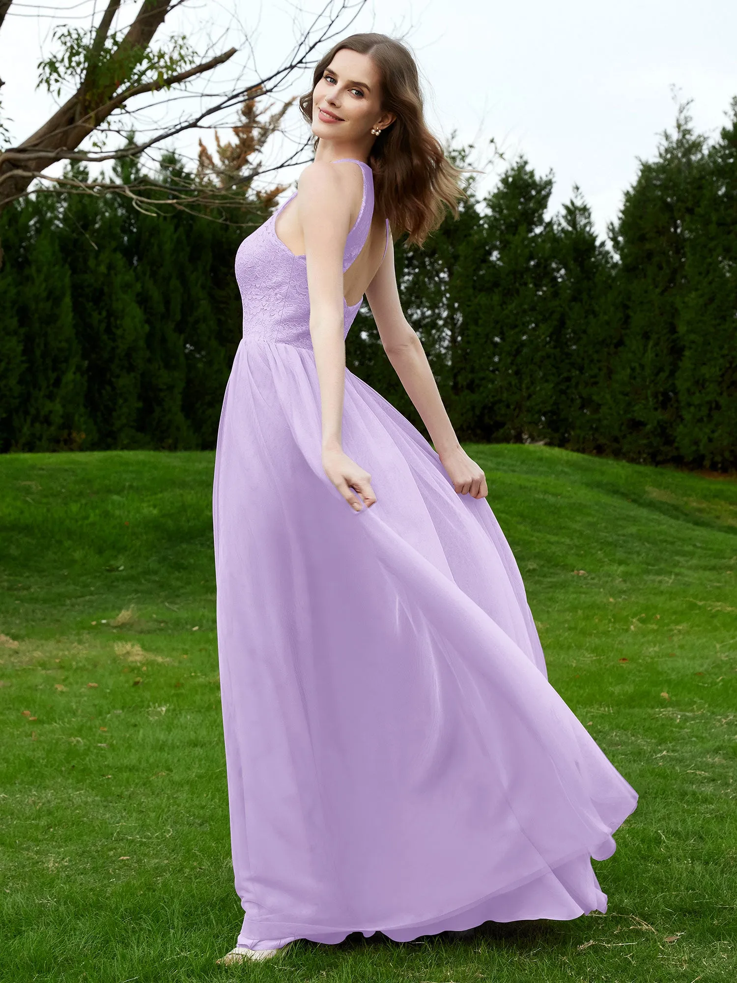 Lace Tulle Bridesmaid Gown Halter Neckline Lilac Plus Size