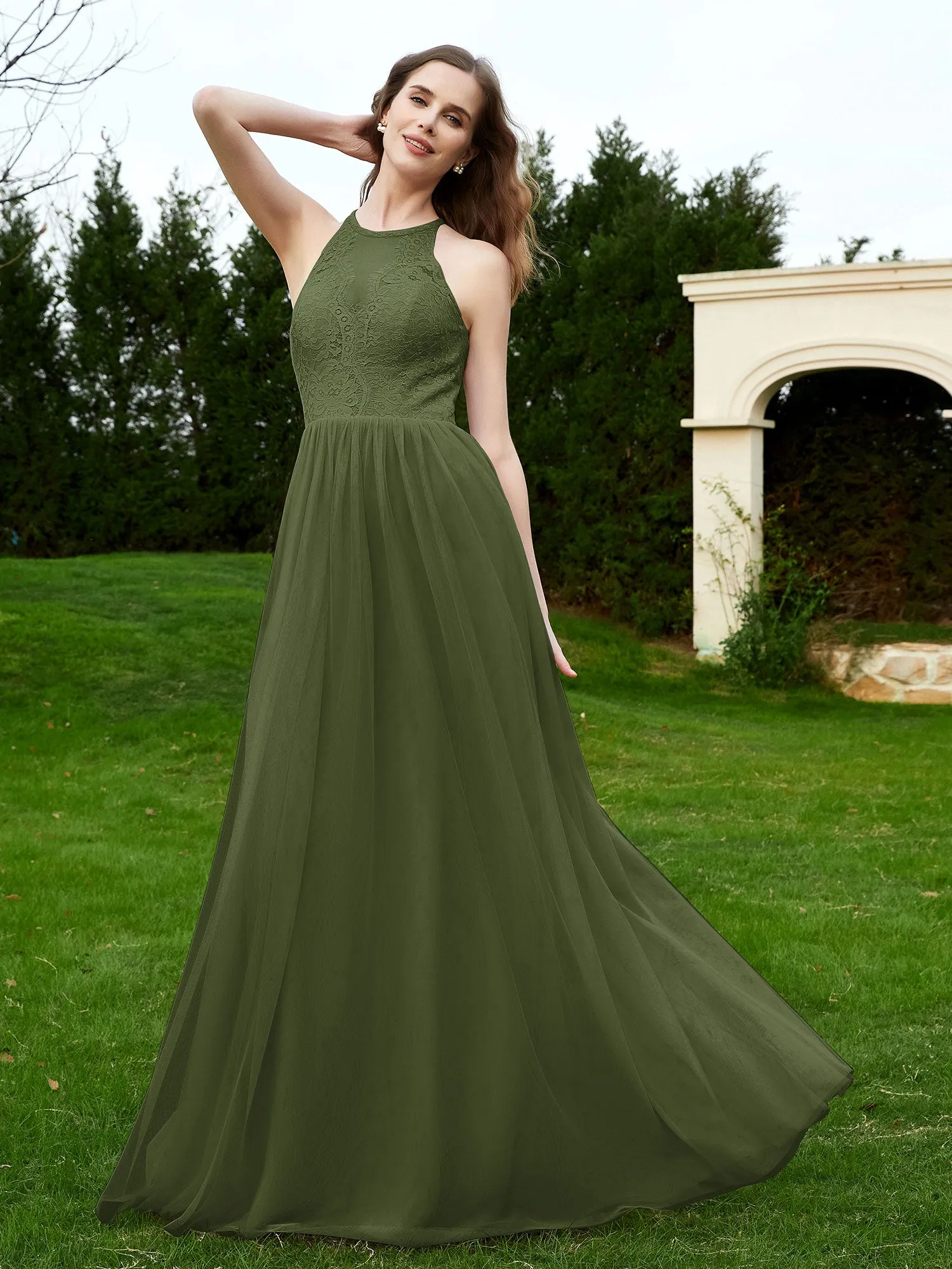 Lace Tulle Bridesmaid Gown Halter Neckline Olive Green Plus Size