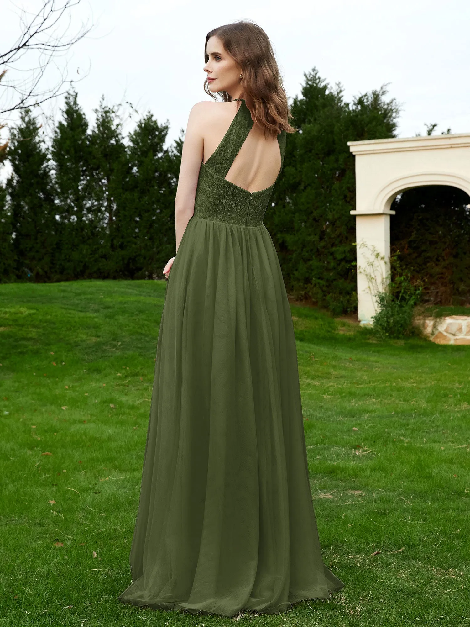 Lace Tulle Bridesmaid Gown Halter Neckline Olive Green