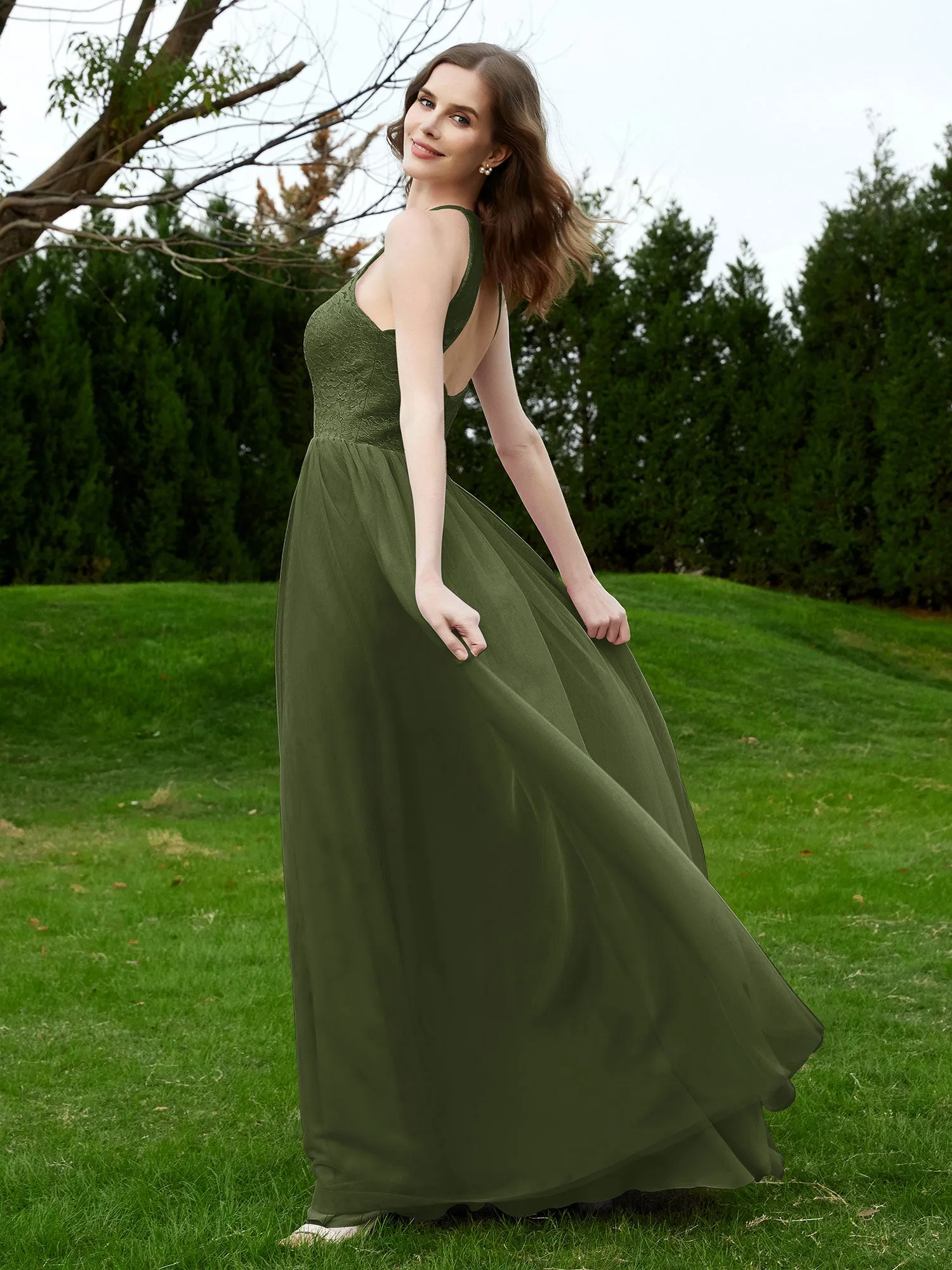 Lace Tulle Bridesmaid Gown Halter Neckline Olive Green