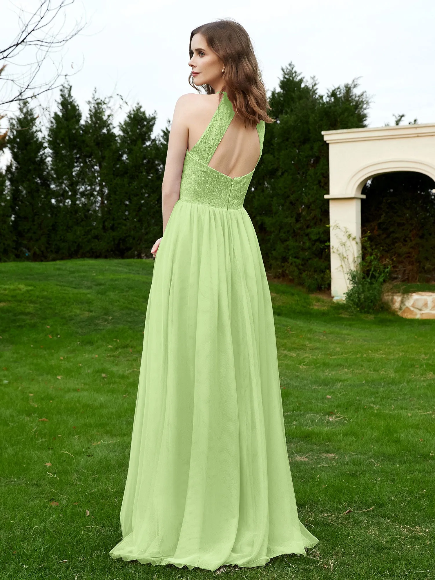 Lace Tulle Bridesmaid Gown Halter Neckline Sage