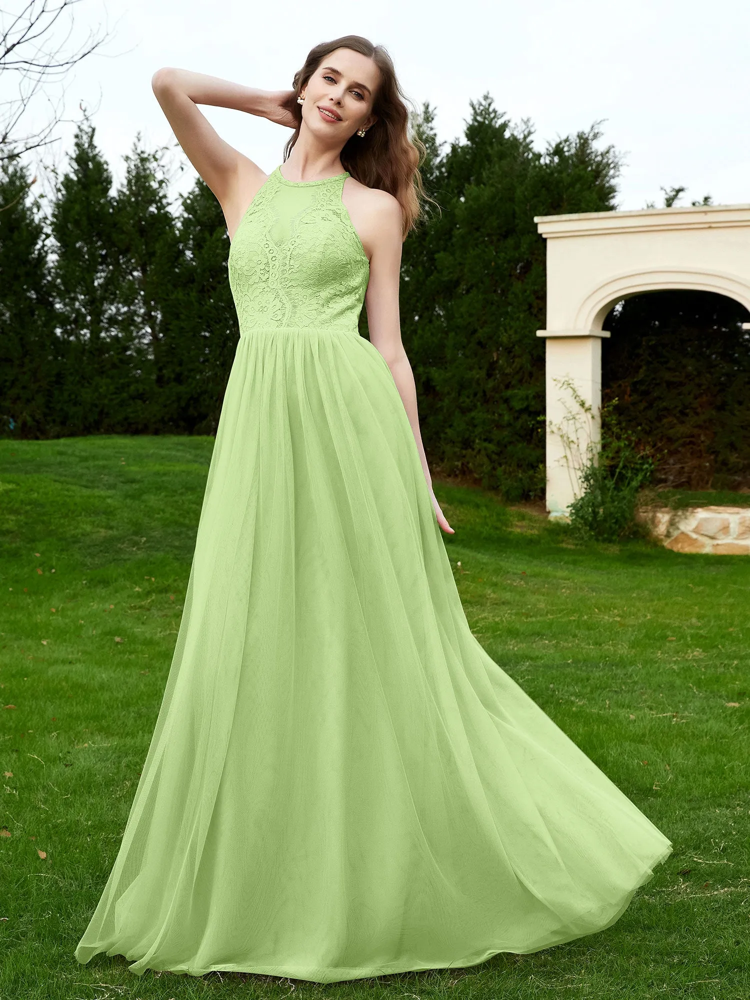 Lace Tulle Bridesmaid Gown Halter Neckline Sage