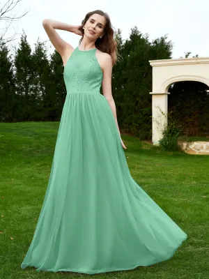 Lace Tulle Bridesmaid Gown Halter Neckline Turquoise Plus Size