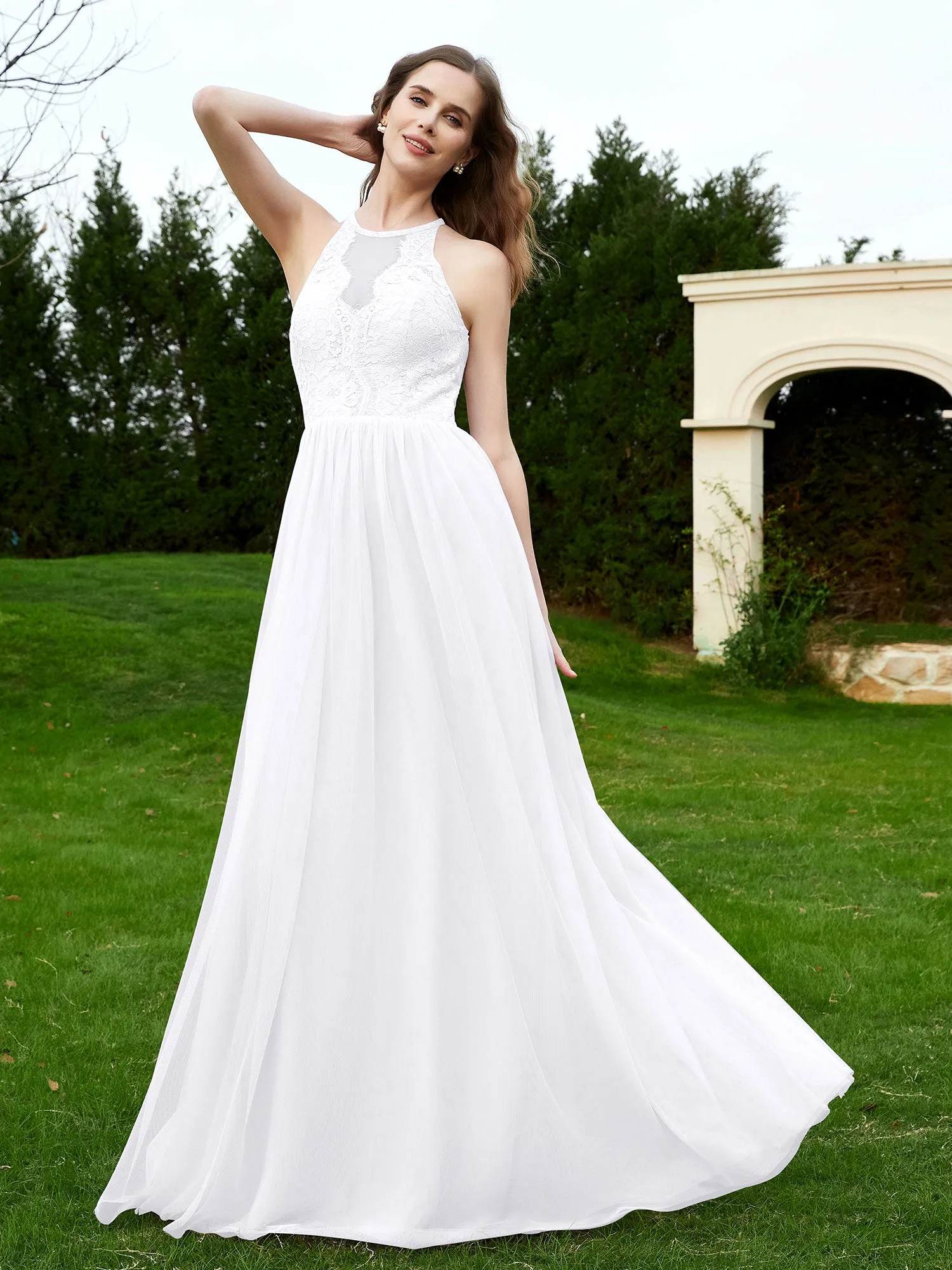 Lace Tulle Bridesmaid Gown Halter Neckline White Plus Size