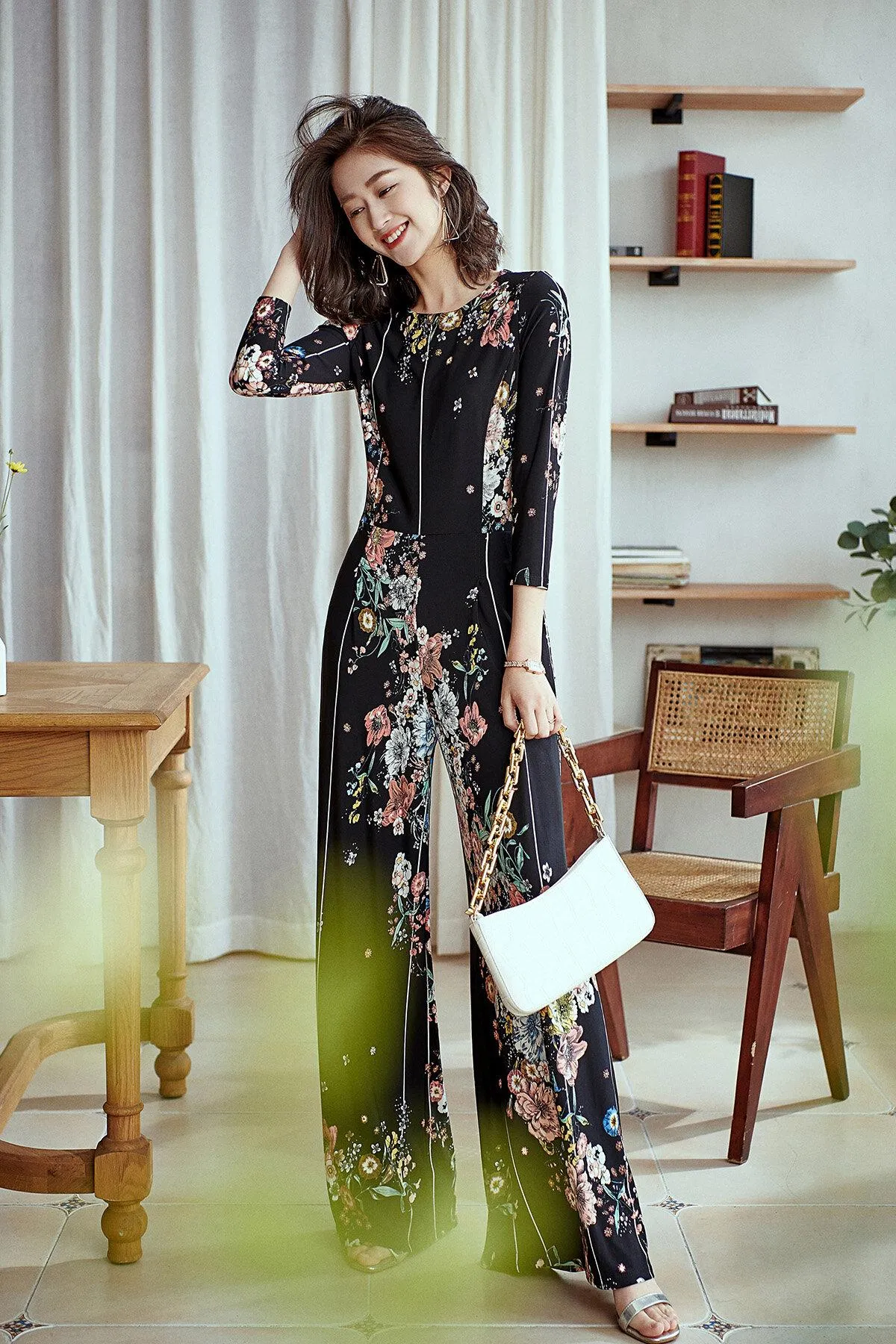 Limited edition long sleeve round neck retro stretch autumn flower print elastic vintage wide leg jumpsuit - Biadi s