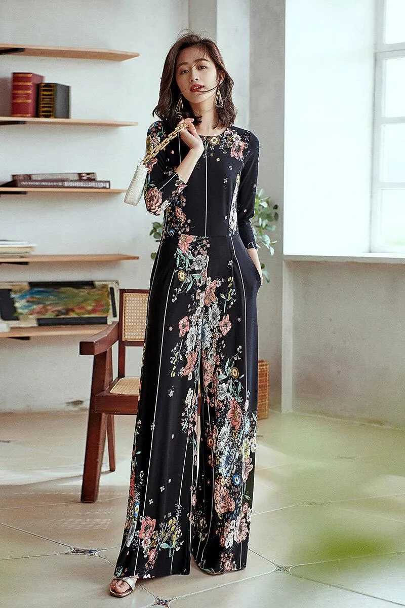 Limited edition long sleeve round neck retro stretch autumn flower print elastic vintage wide leg jumpsuit - Biadi s