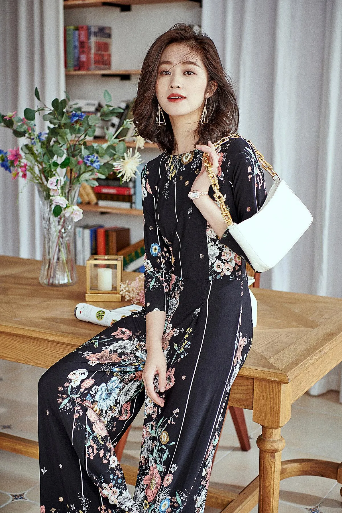 Limited edition long sleeve round neck retro stretch autumn flower print elastic vintage wide leg jumpsuit - Biadi s