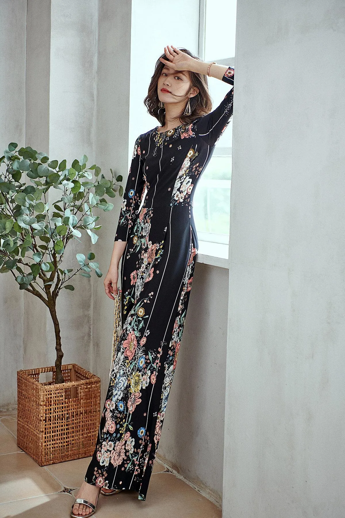 Limited edition long sleeve round neck retro stretch autumn flower print elastic vintage wide leg jumpsuit - Biadi s