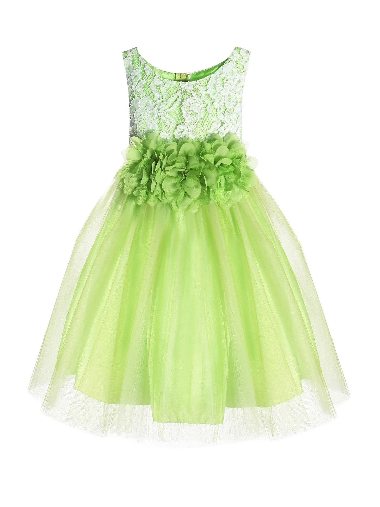 Little Girls Green Floral Lace Illusion Tulle Flower Girl Dress 2-6