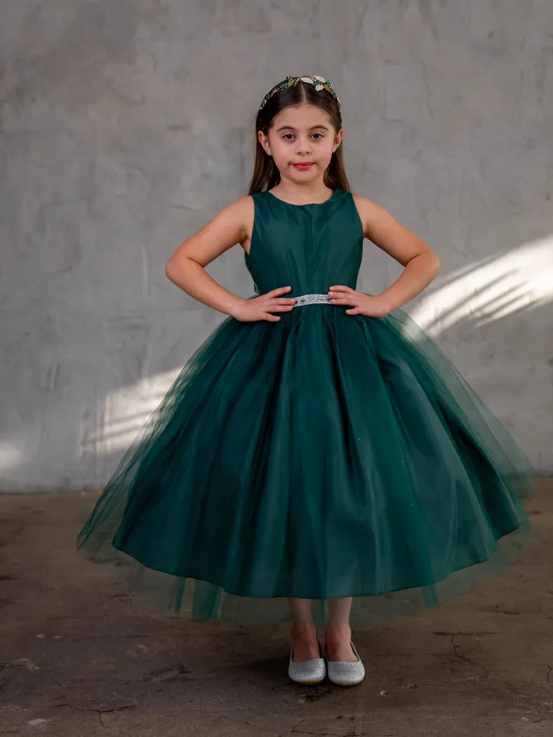 Little Girls Hunter Green Rhinestone Tulle Flower Girl Dress 2T-6