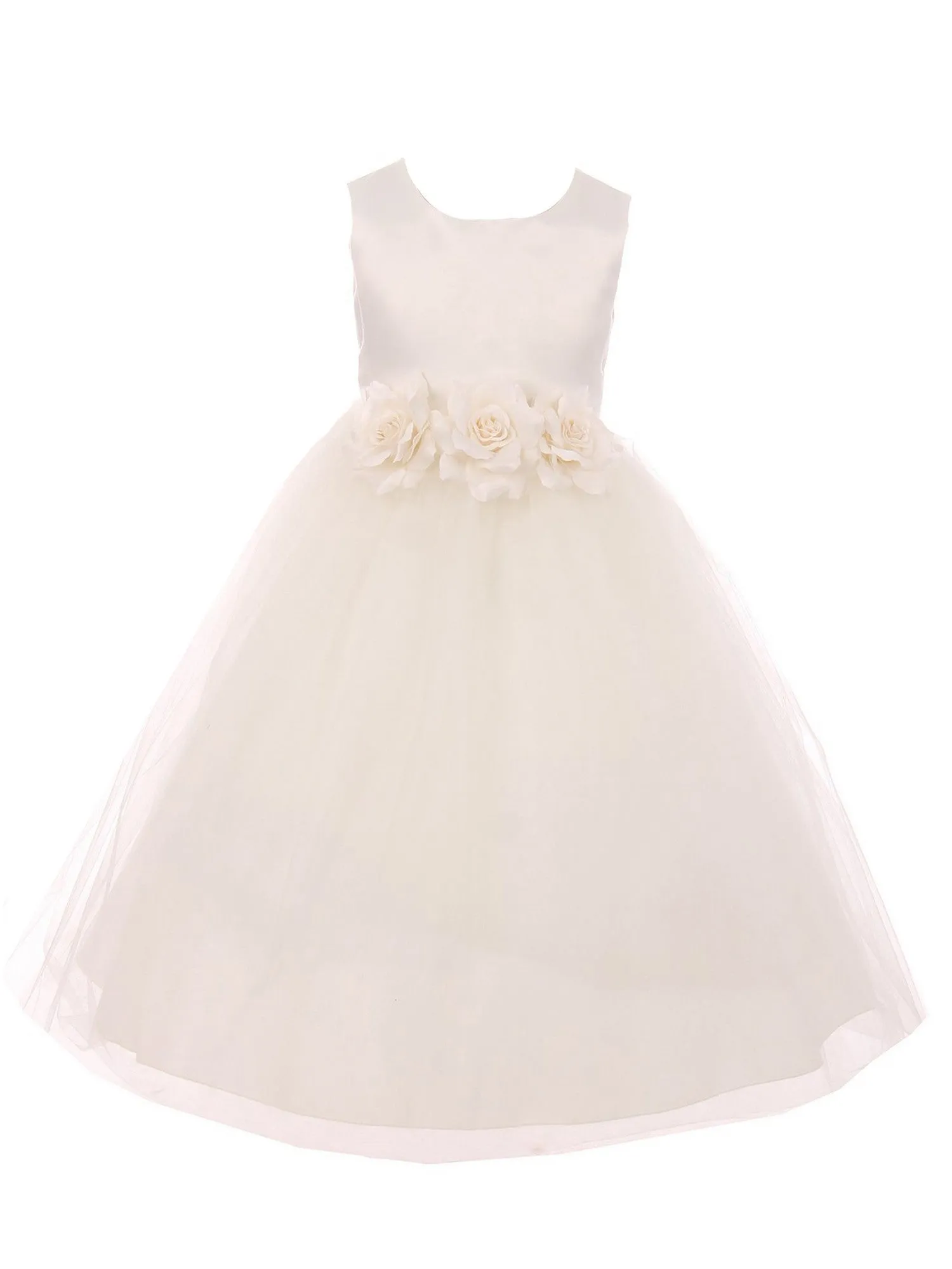 Little Girls Ivory Floral Satin Illusion Flower Girl Dress 2-6