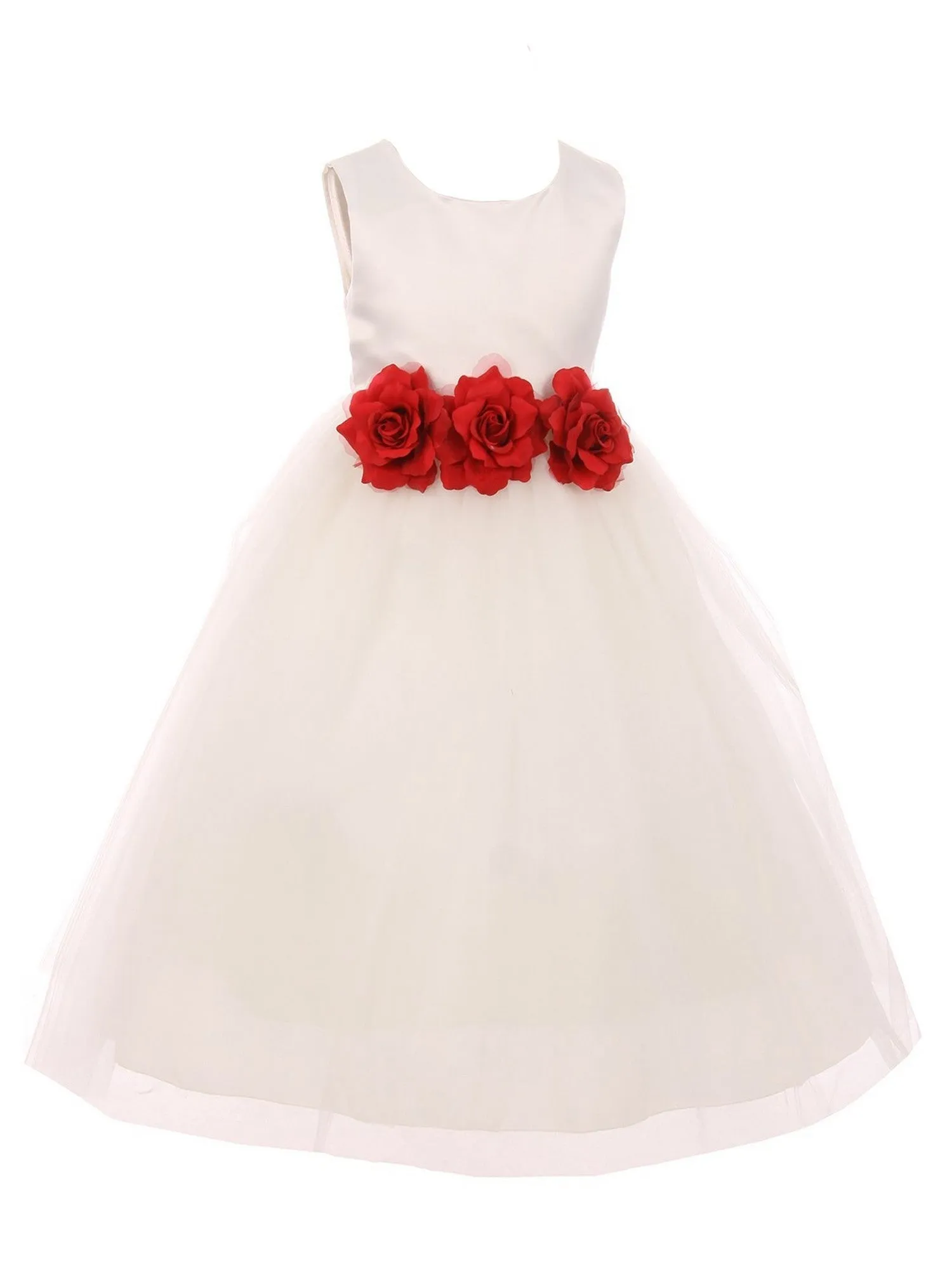 Little Girls Ivory Red Floral Satin Flower Girl Dress 2-6