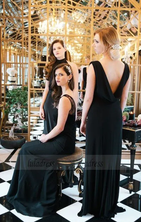 Long Bridesmaid Dresses Chiffon, High Neck Black Bridesmaid Dresses, Open Back Mismatched Bridesmaid Dresses