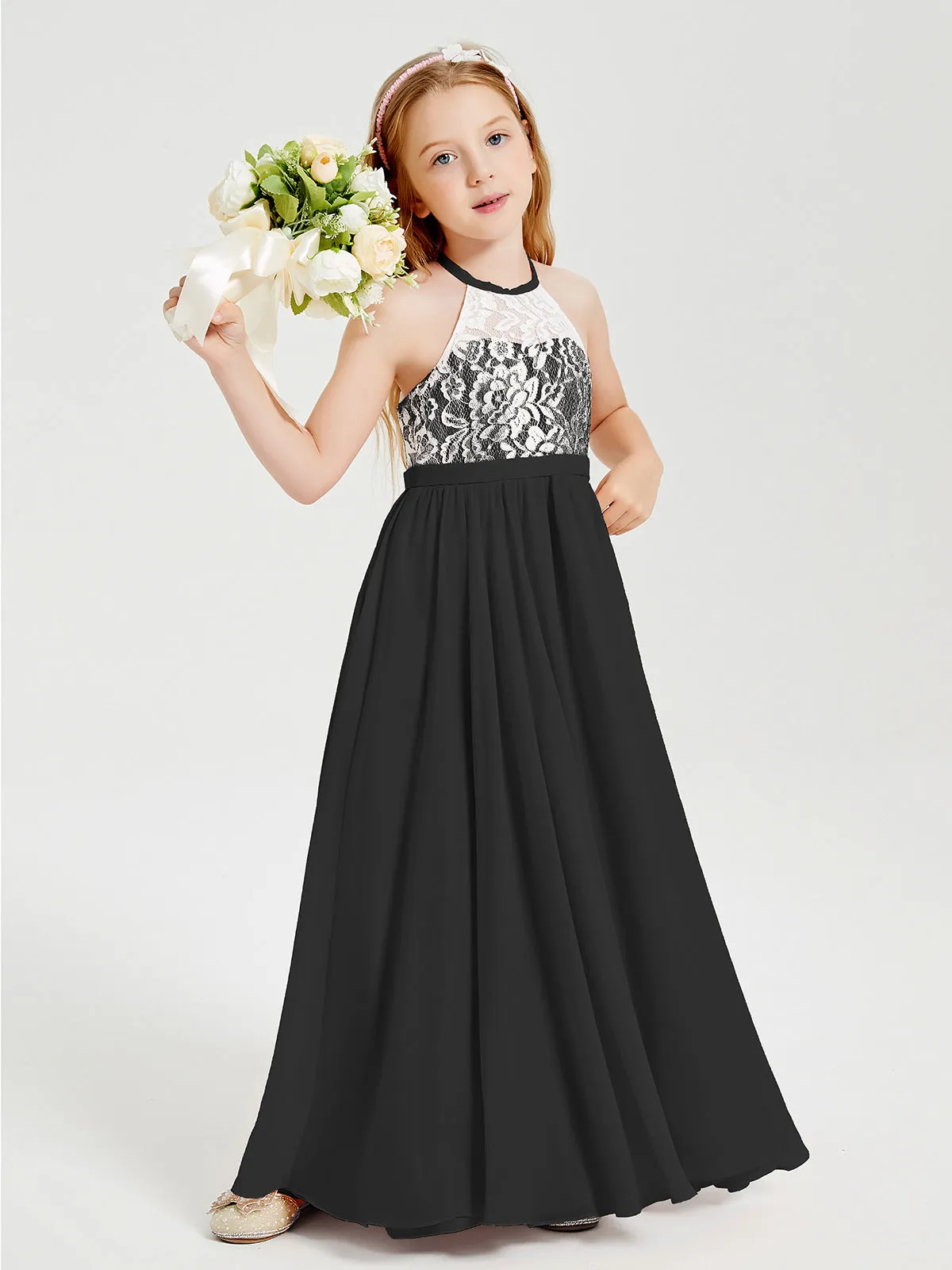 Long Chiffon Bridesmaid Dresses Lace Top Black