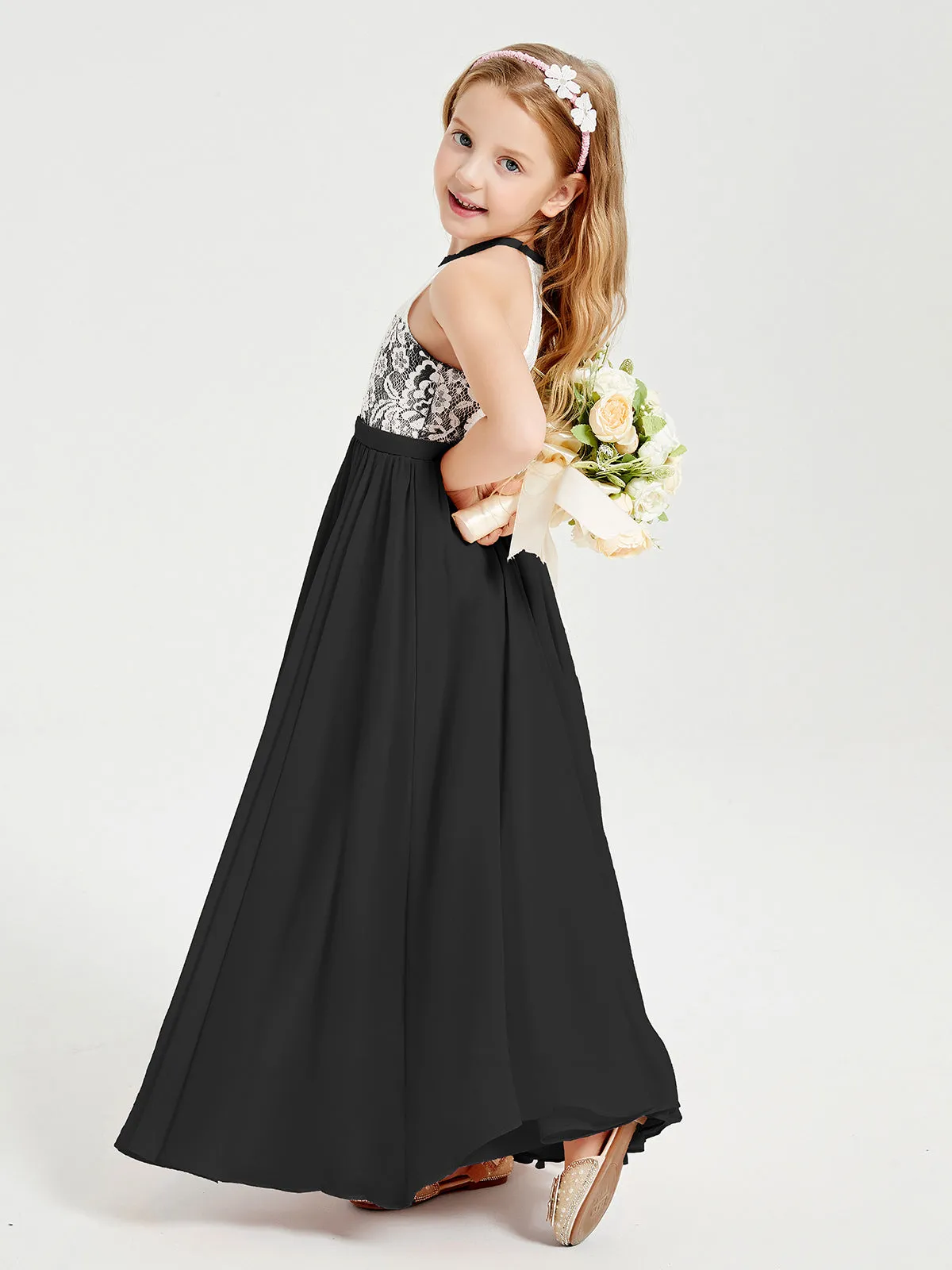 Long Chiffon Bridesmaid Dresses Lace Top Black