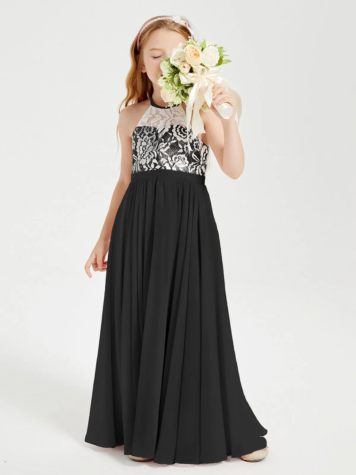 Long Chiffon Bridesmaid Dresses Lace Top Black