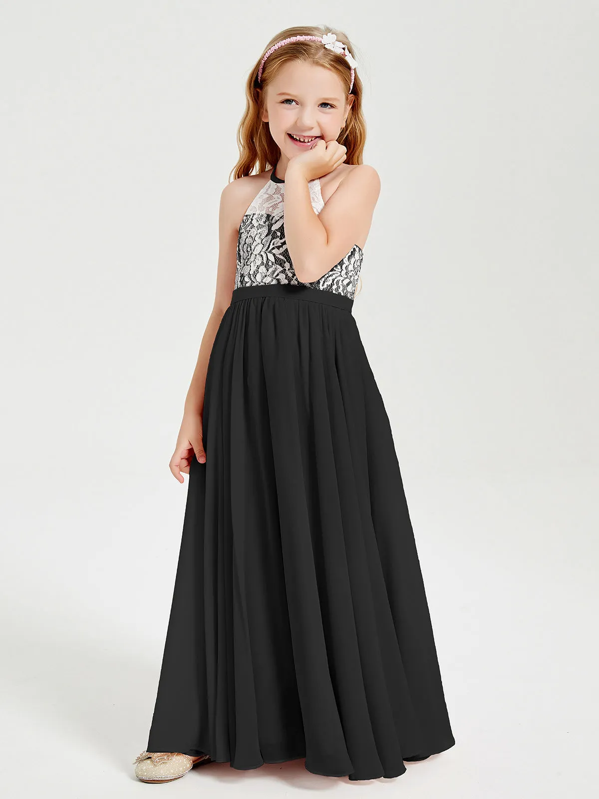 Long Chiffon Bridesmaid Dresses Lace Top Black