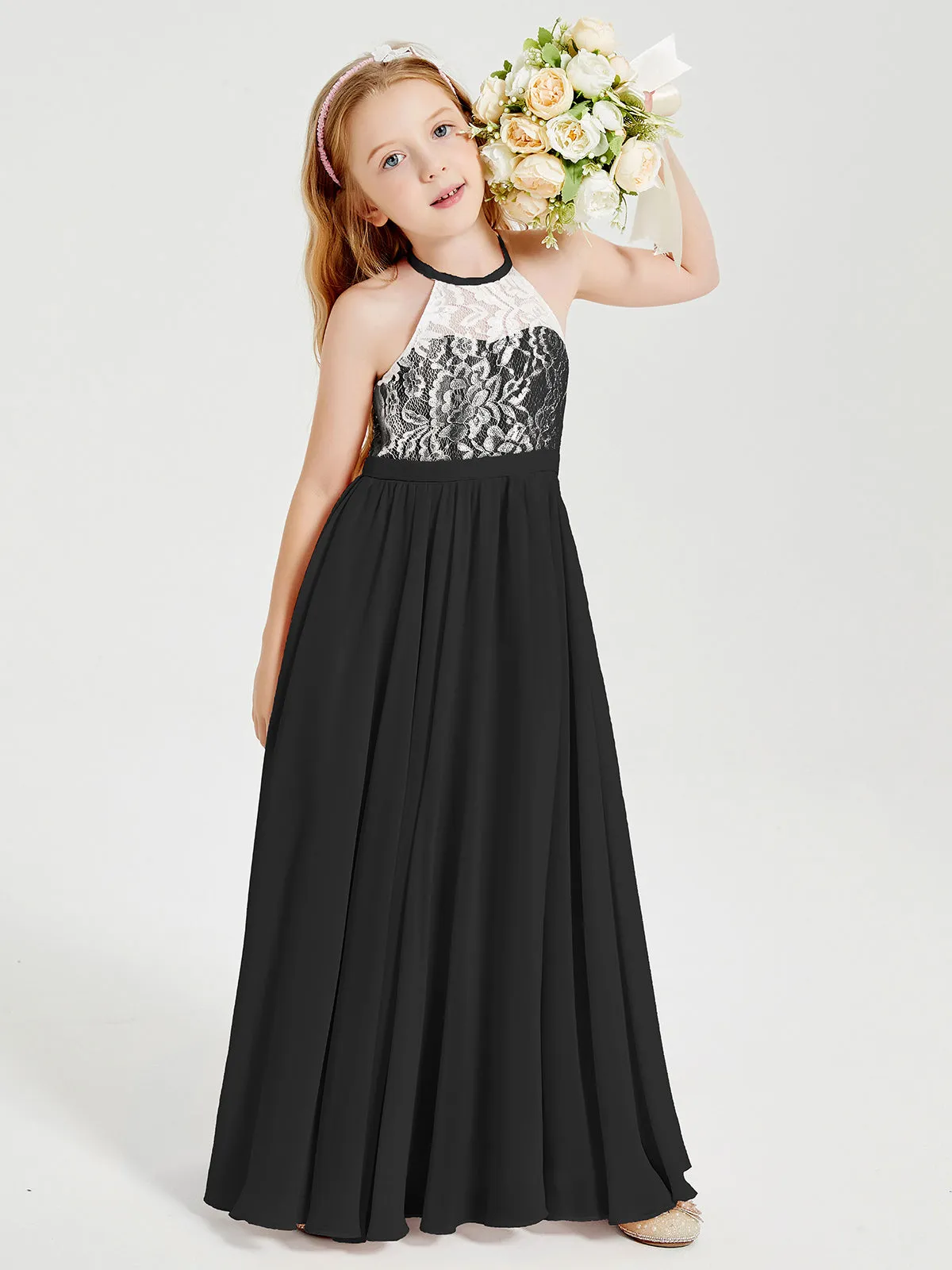 Long Chiffon Bridesmaid Dresses Lace Top Black