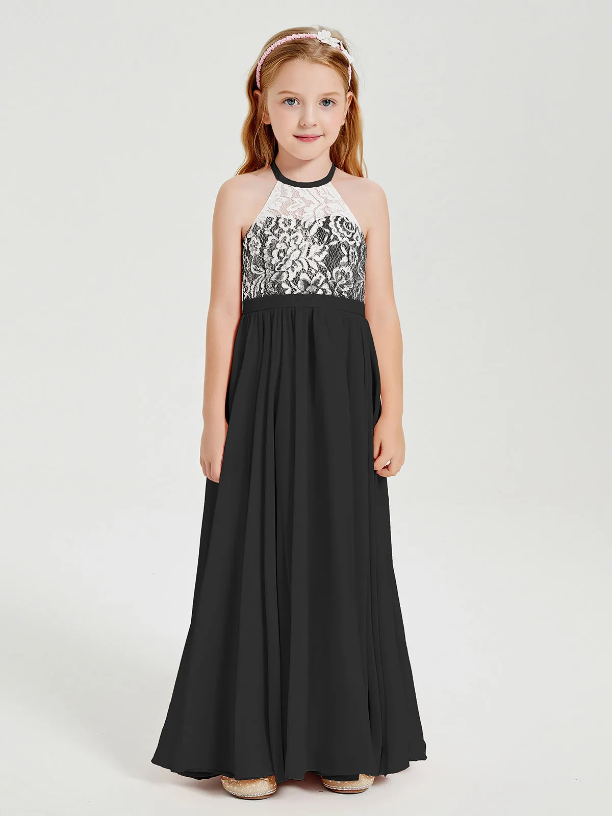 Long Chiffon Bridesmaid Dresses Lace Top Black