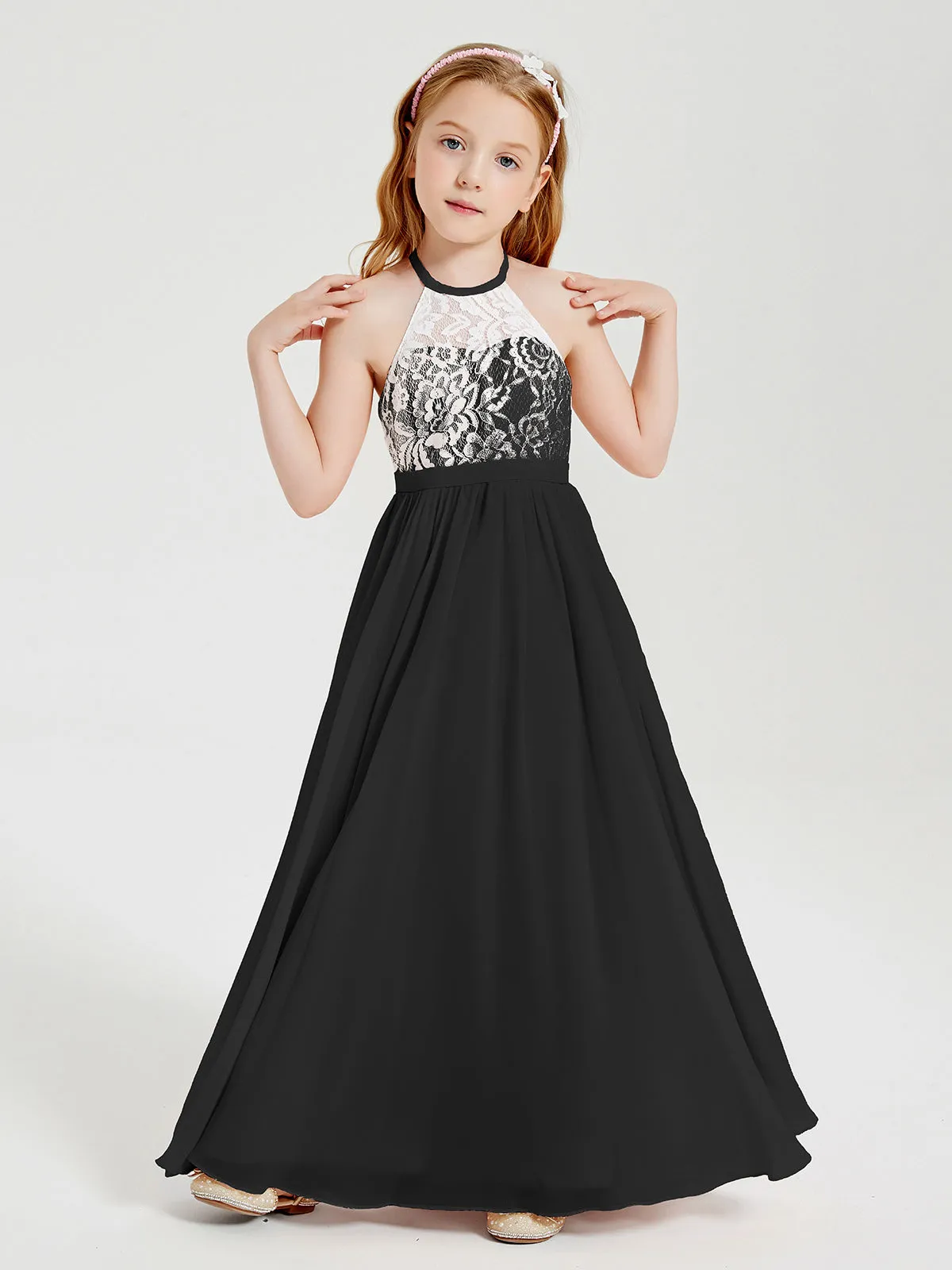 Long Chiffon Bridesmaid Dresses Lace Top Black