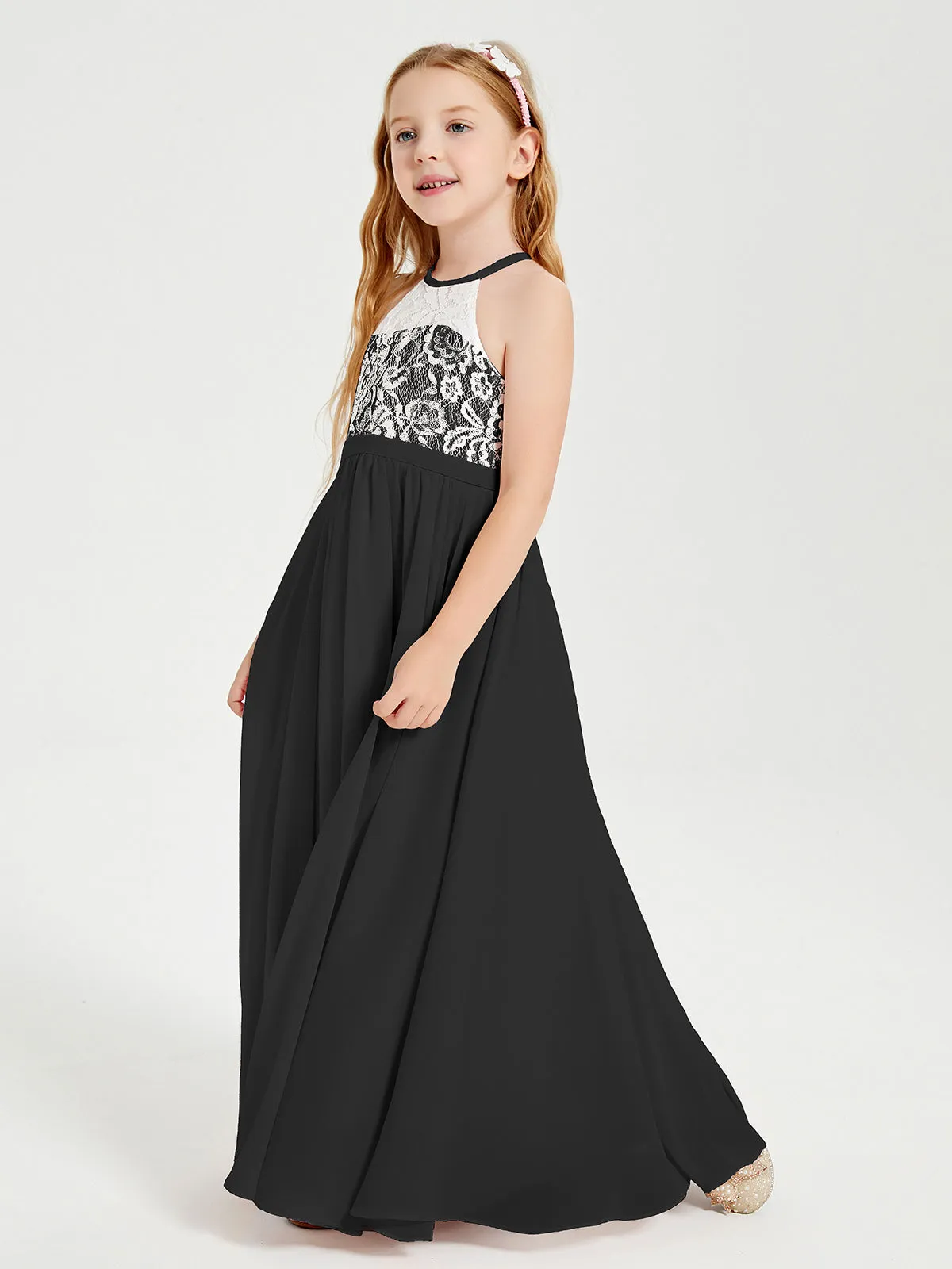 Long Chiffon Bridesmaid Dresses Lace Top Black