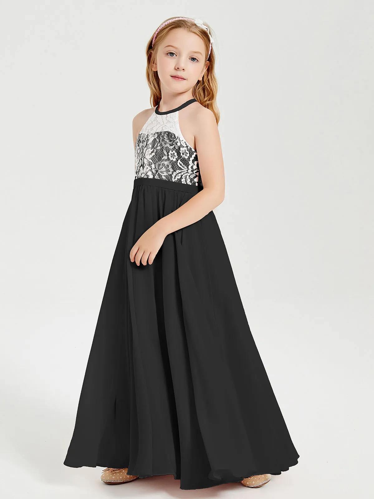 Long Chiffon Bridesmaid Dresses Lace Top Black