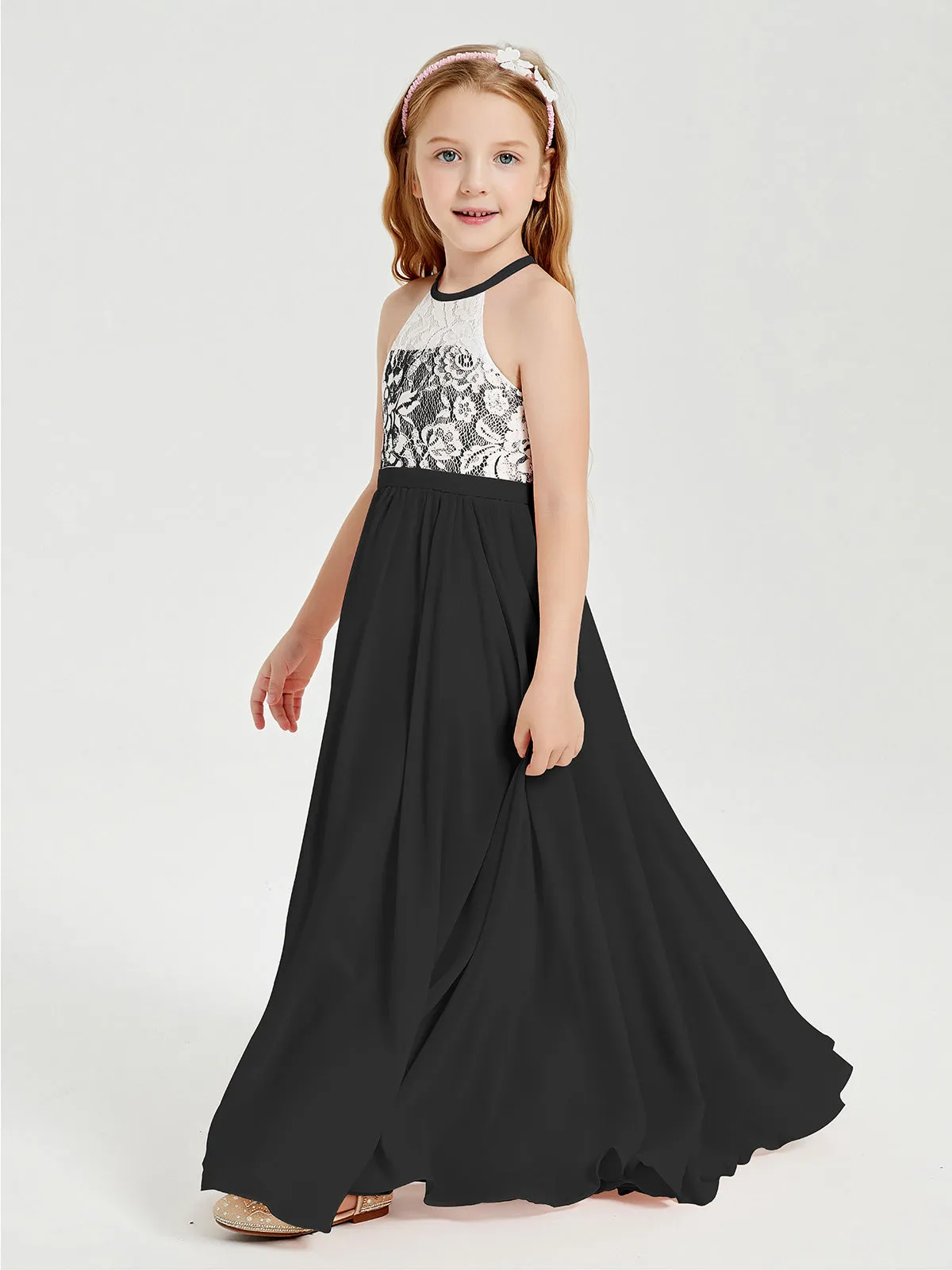 Long Chiffon Bridesmaid Dresses Lace Top Black