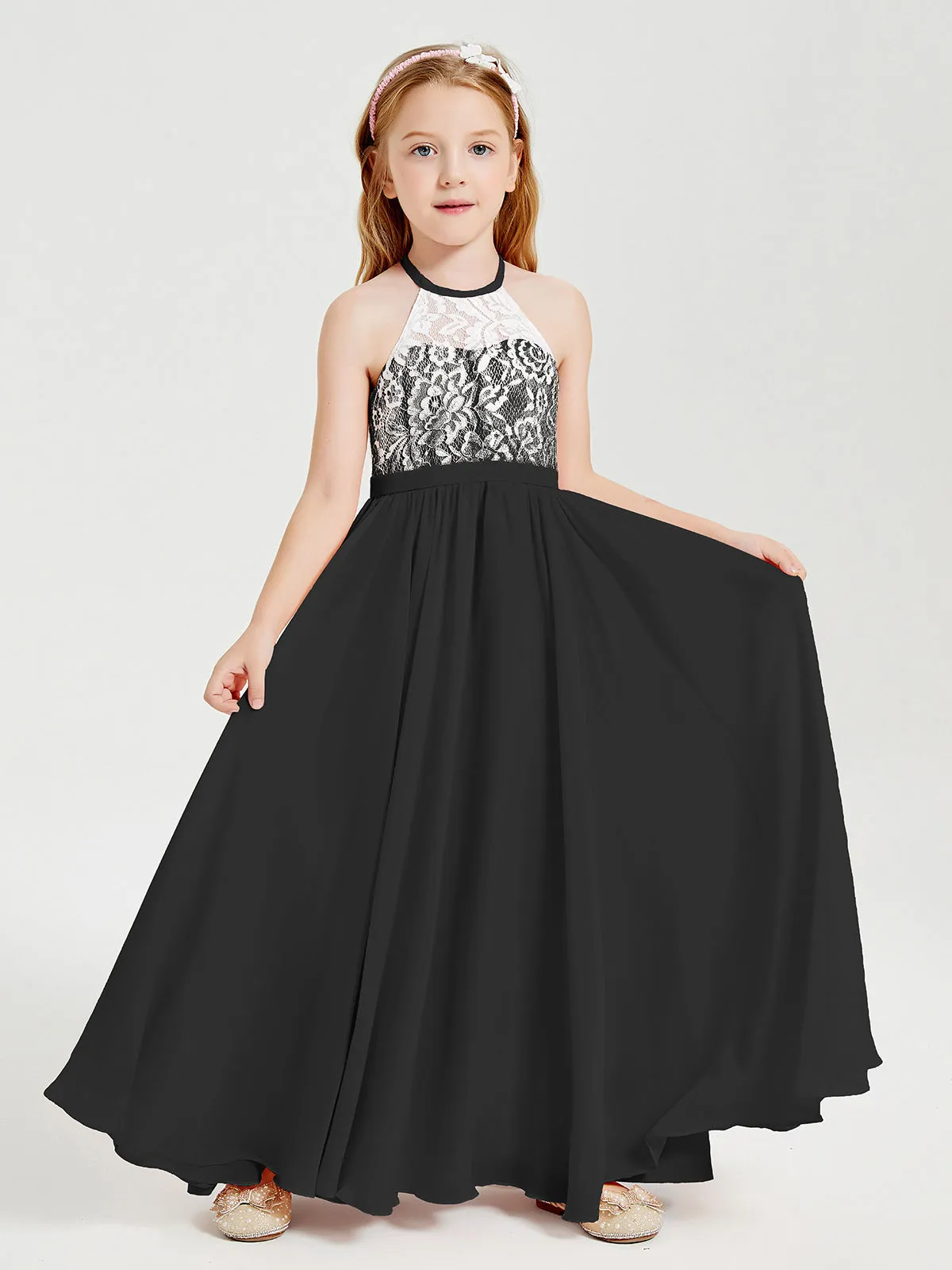 Long Chiffon Bridesmaid Dresses Lace Top Black