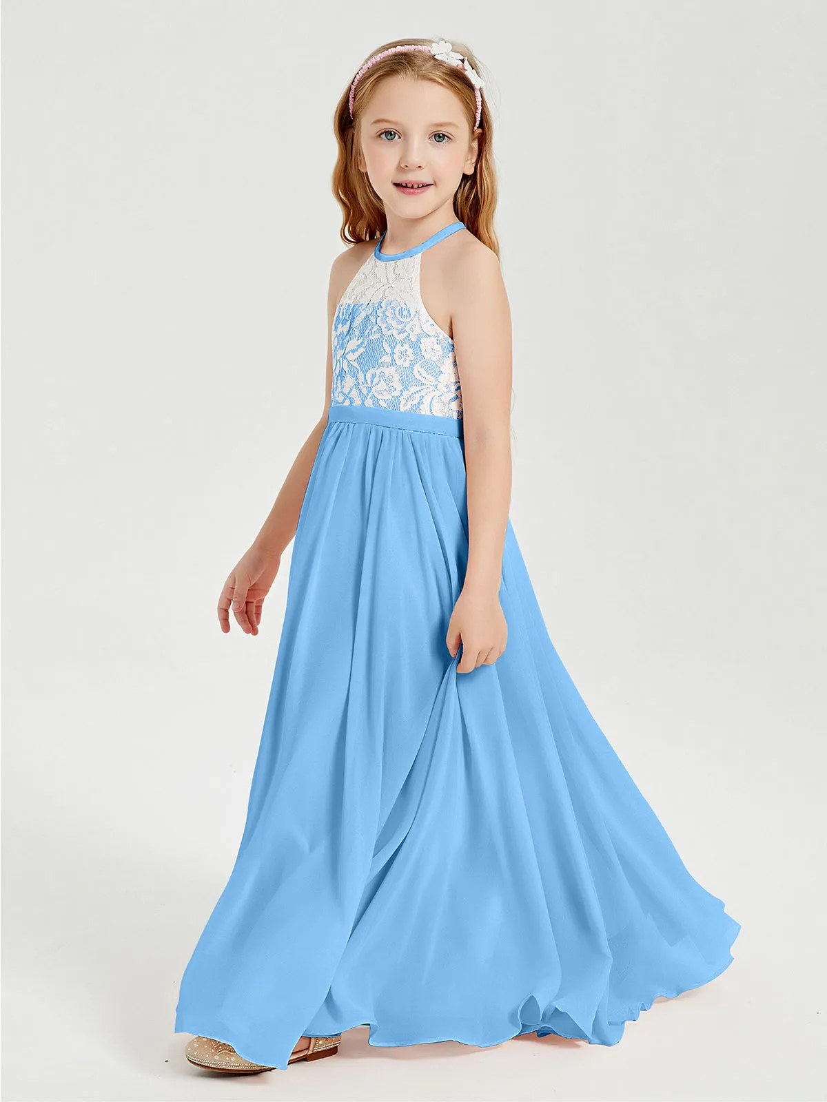 Long Chiffon Bridesmaid Dresses Lace Top Blue