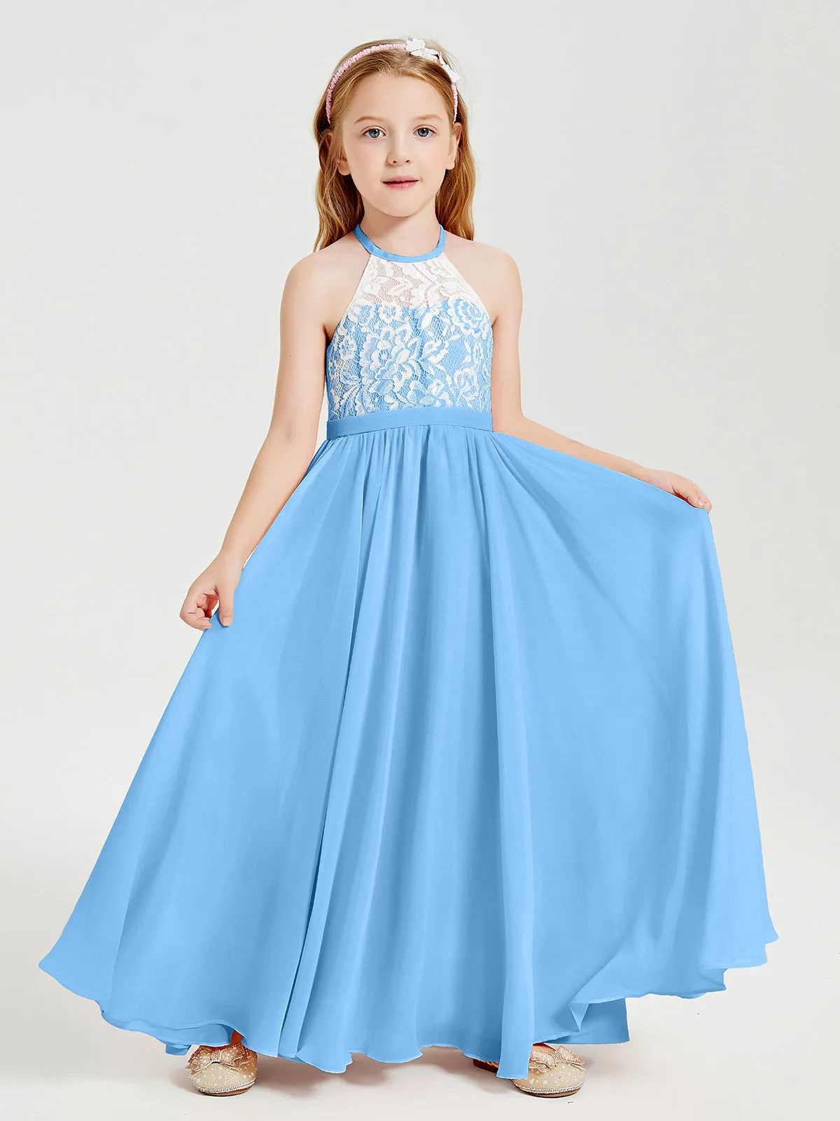 Long Chiffon Bridesmaid Dresses Lace Top Blue