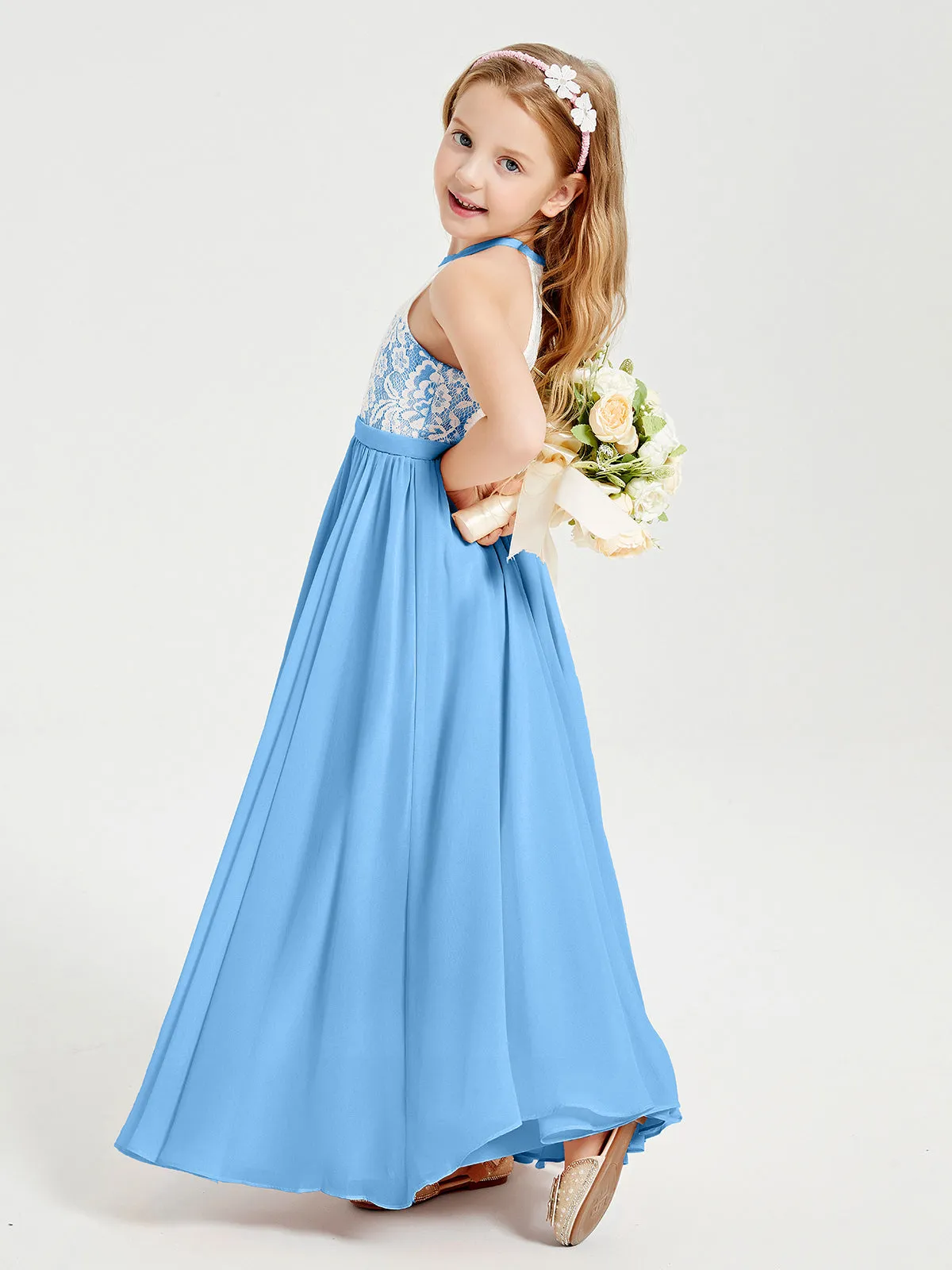 Long Chiffon Bridesmaid Dresses Lace Top Blue