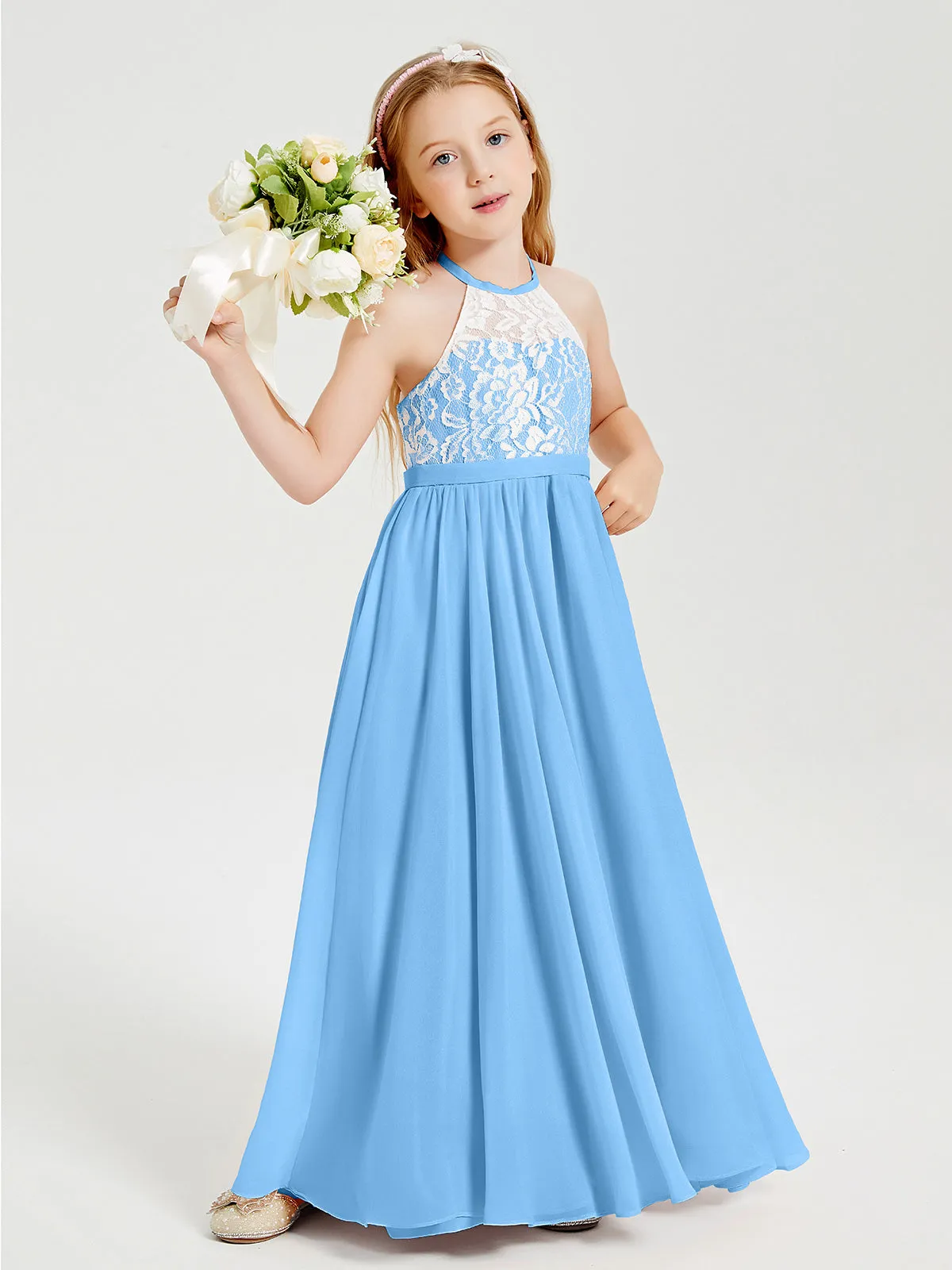 Long Chiffon Bridesmaid Dresses Lace Top Blue