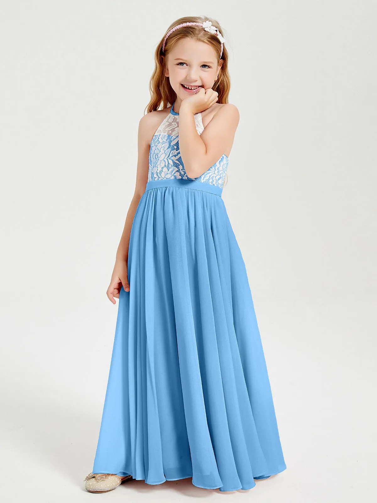 Long Chiffon Bridesmaid Dresses Lace Top Blue