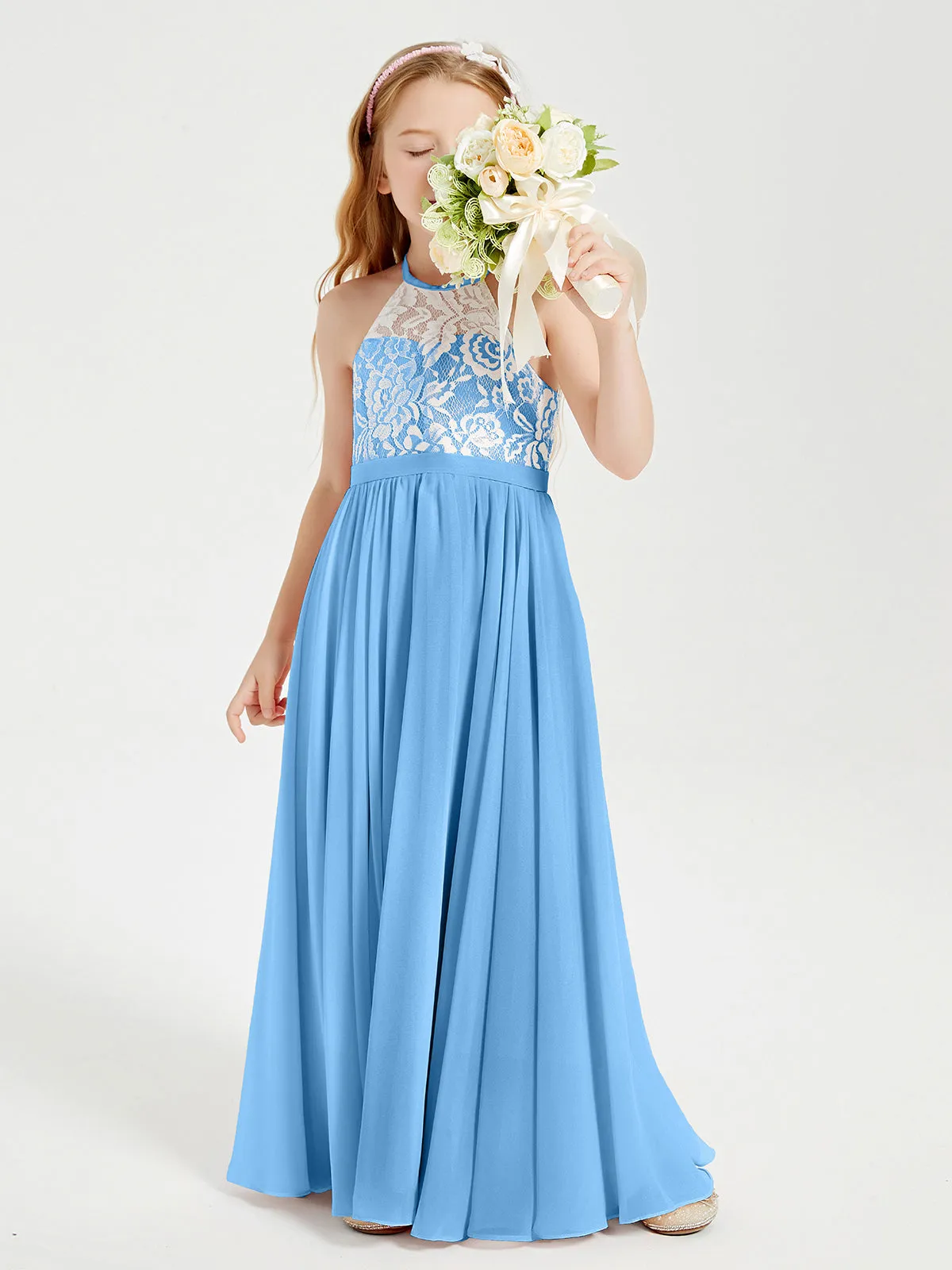 Long Chiffon Bridesmaid Dresses Lace Top Blue