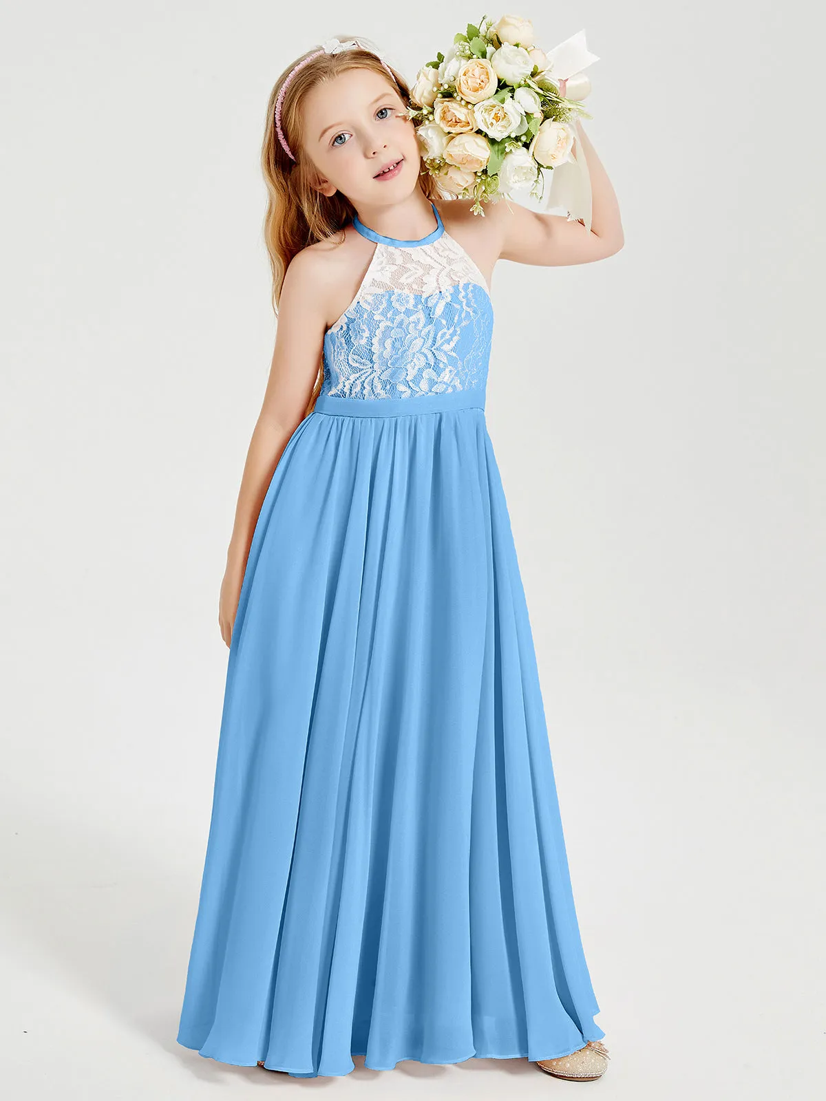 Long Chiffon Bridesmaid Dresses Lace Top Blue