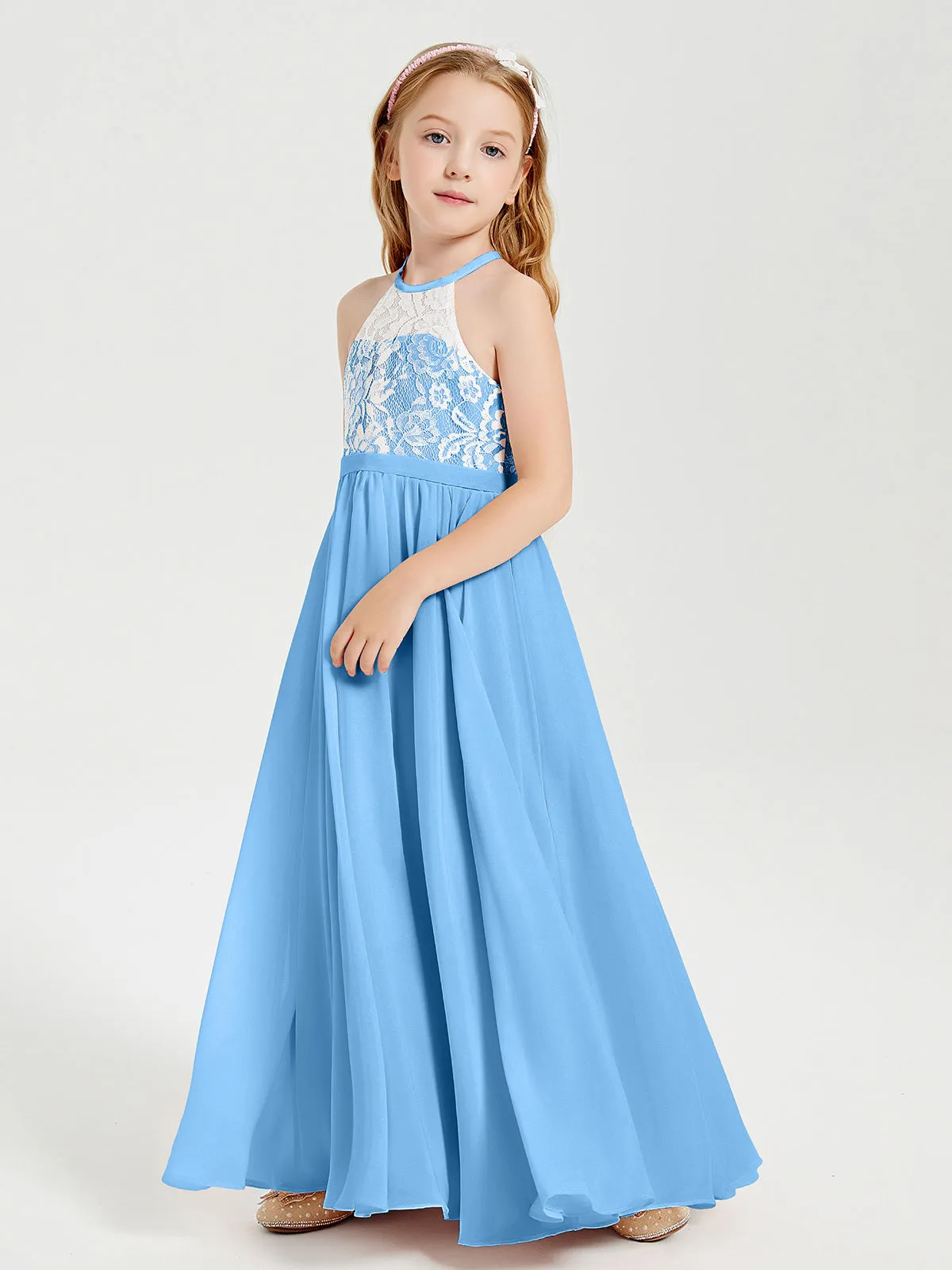 Long Chiffon Bridesmaid Dresses Lace Top Blue